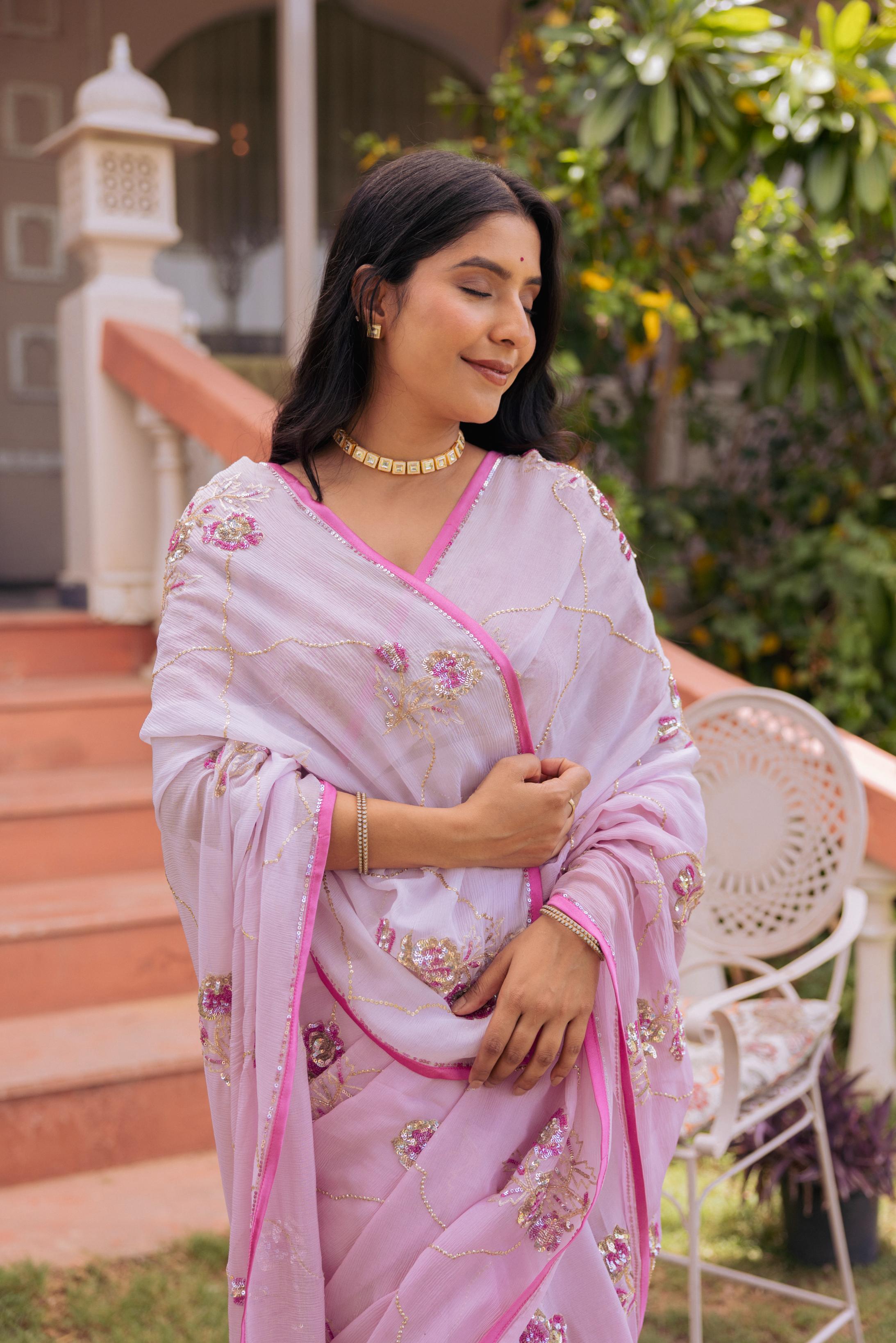 Lavender  Pure Chiffon Aari Katori Jaal  Handwork   Saree