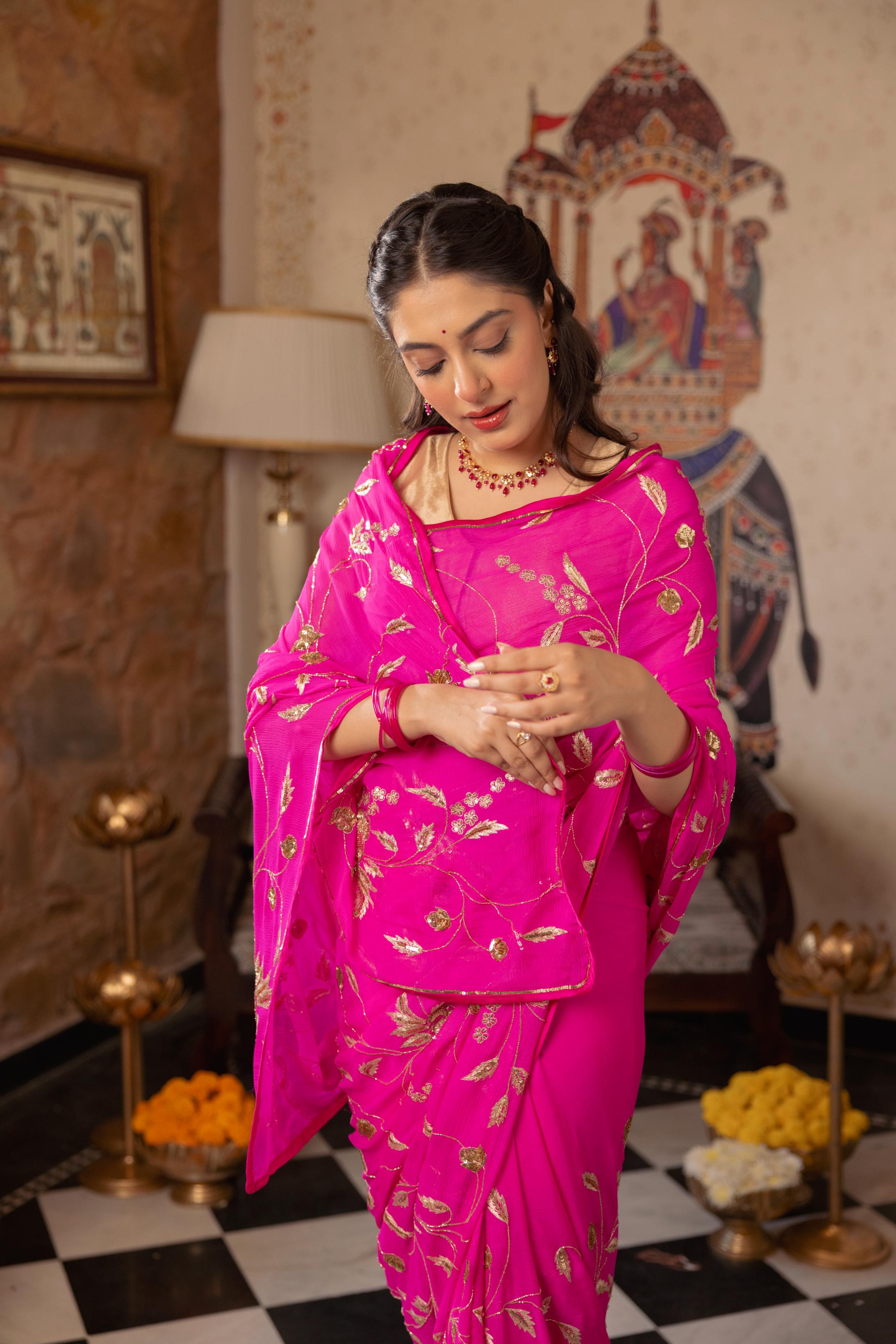 Neon Pink  Pure Chiffon Aari Sequins Zardozi Jaal Handwork   Saree