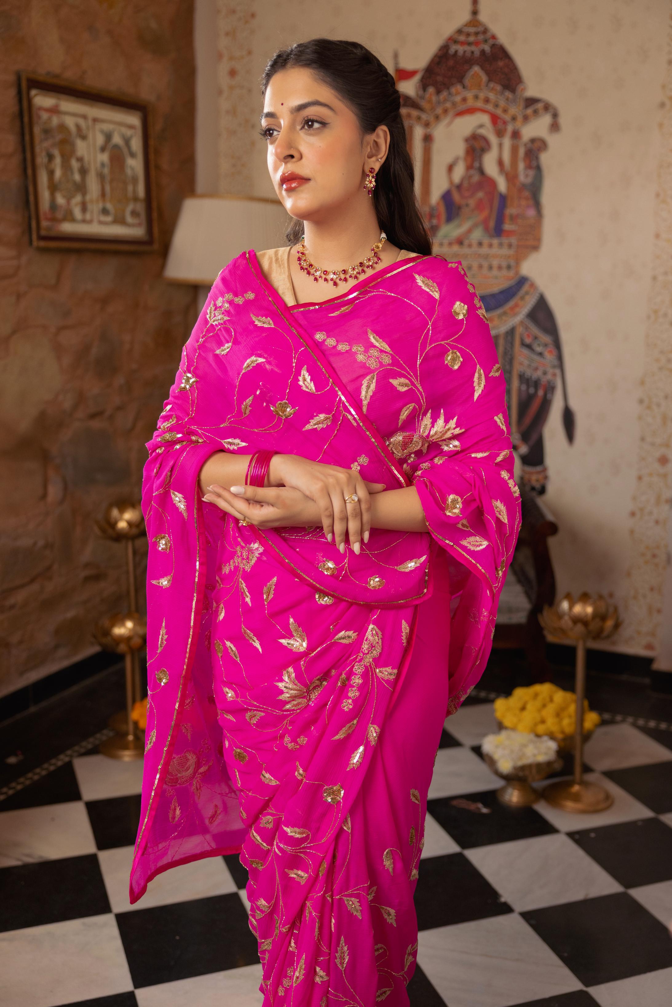 Neon Pink  Pure Chiffon Aari Sequins Zardozi Jaal Handwork   Saree