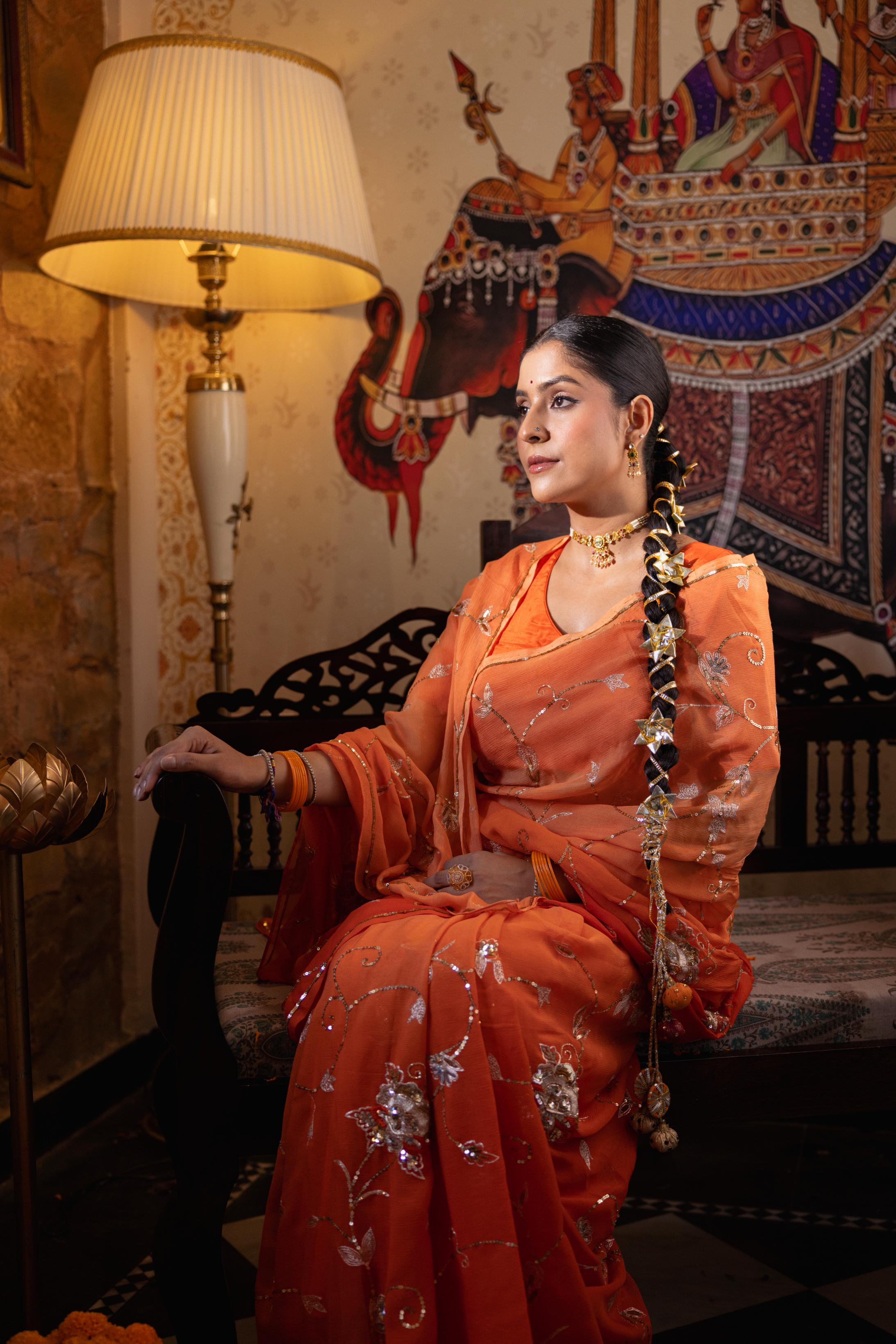 Orange  Pure Chiffon Aari Sequins Jaal  Handwork   Saree