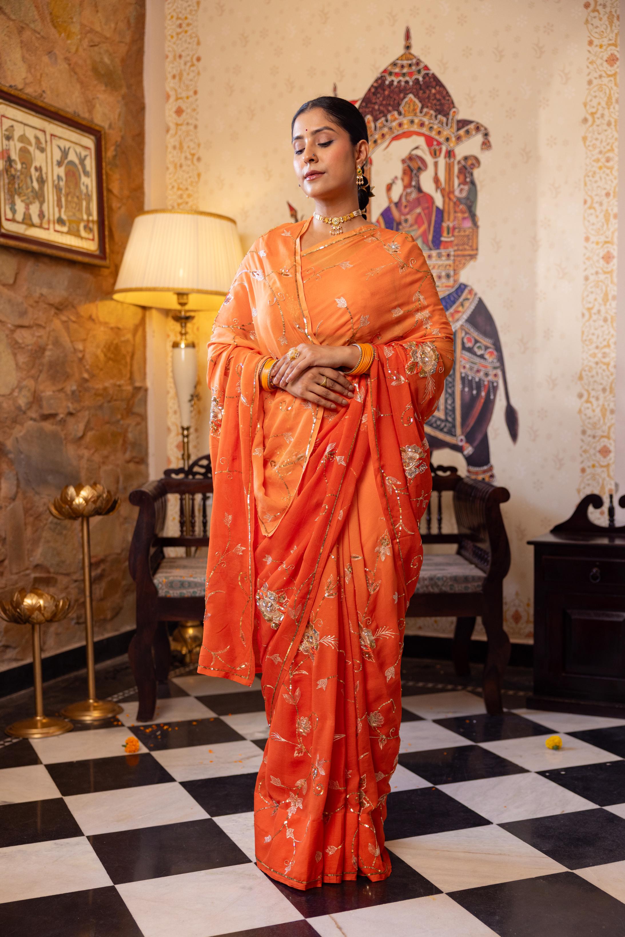 Orange  Pure Chiffon Aari Sequins Jaal  Handwork   Saree