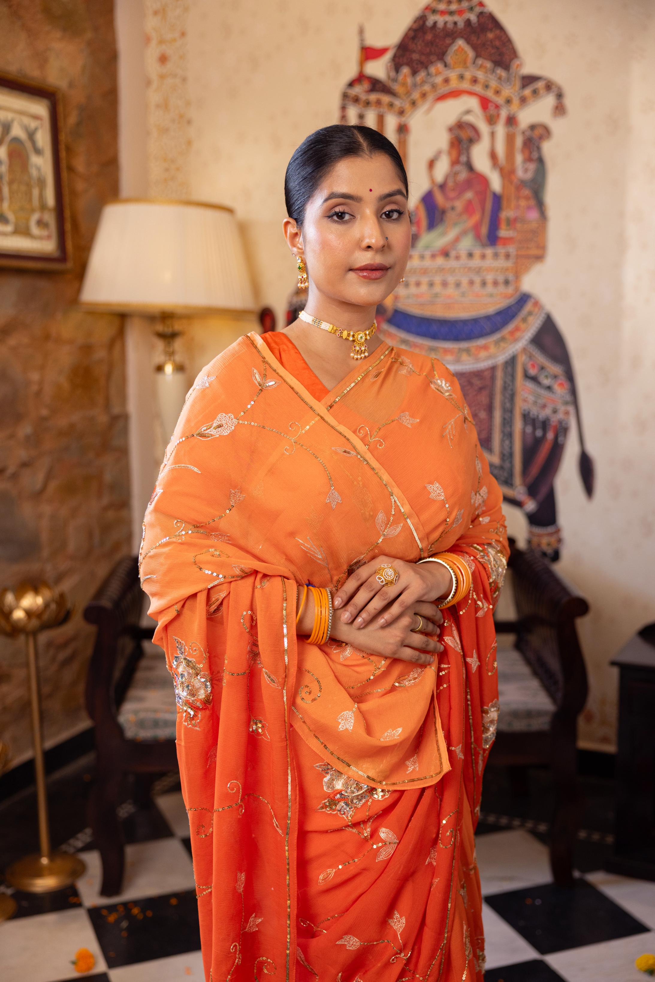 Orange  Pure Chiffon Aari Sequins Jaal  Handwork   Saree