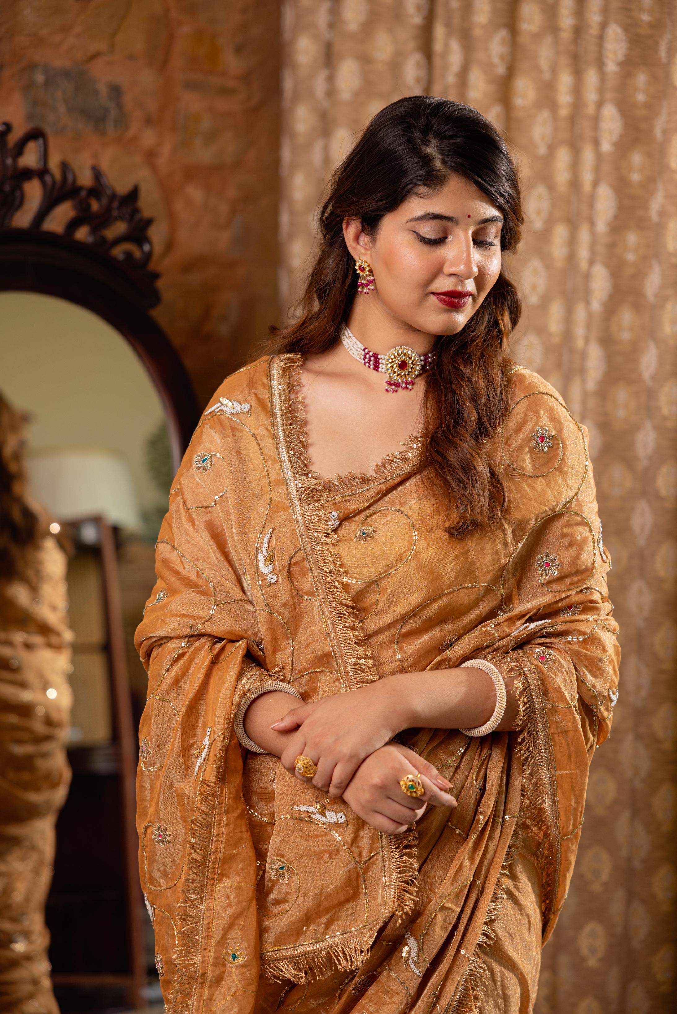 Chikku Pure Tissue Salma Tari Jaal  Handwork   Saree