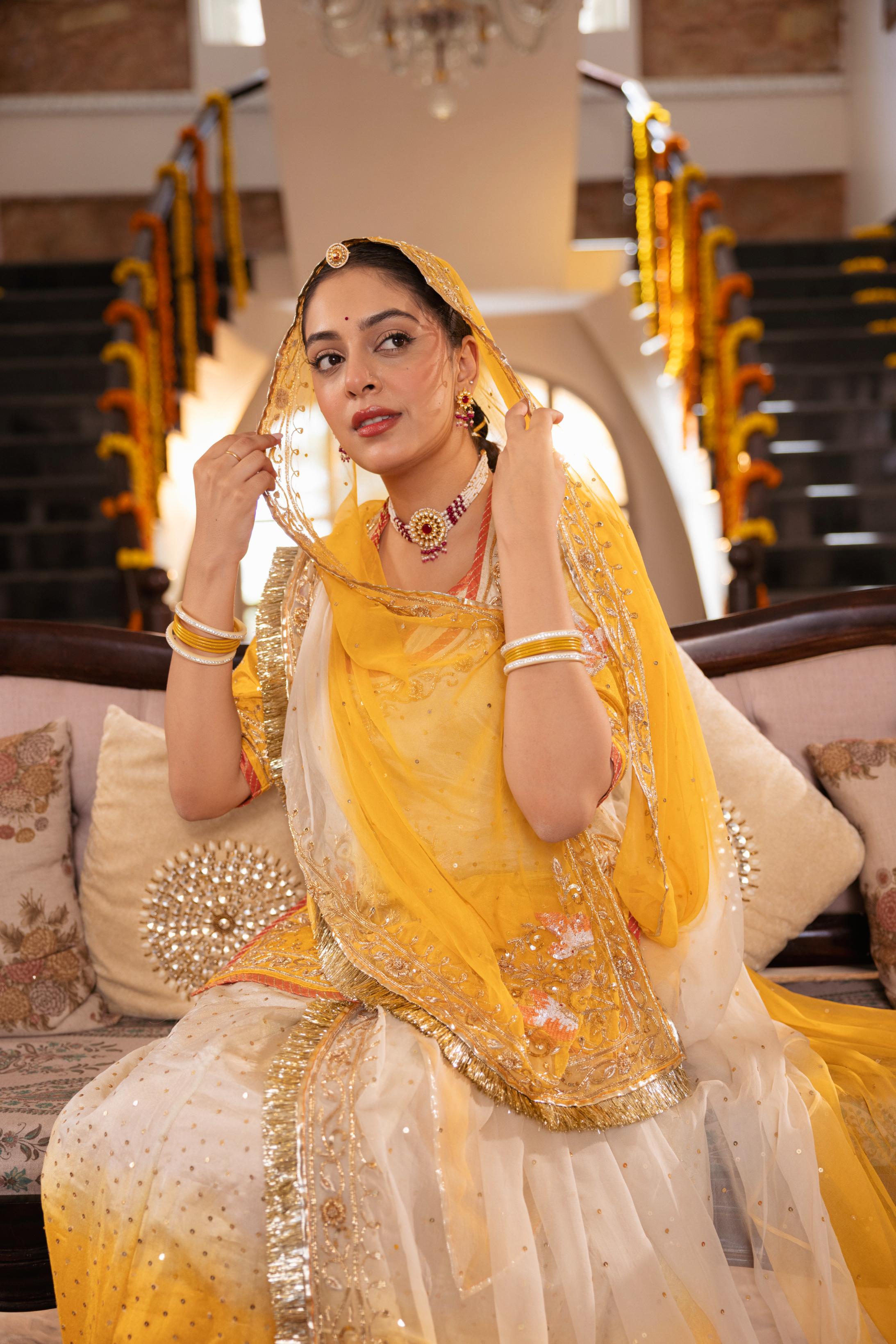 Yellow White Ombre Tissue Zardozi  Handwork   Poshak (Unstitched)