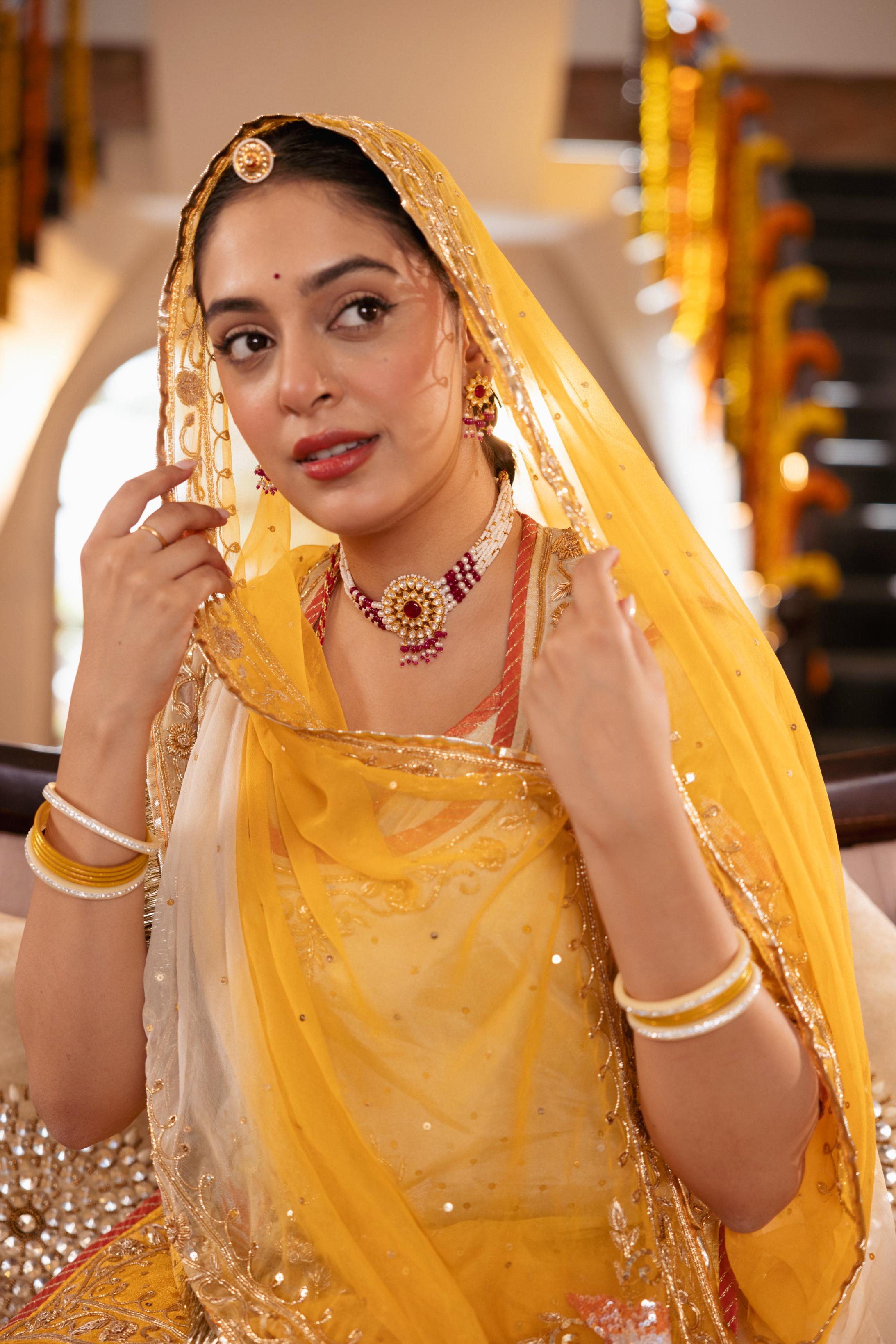 Yellow White Ombre Tissue Zardozi  Handwork   Poshak (Unstitched)