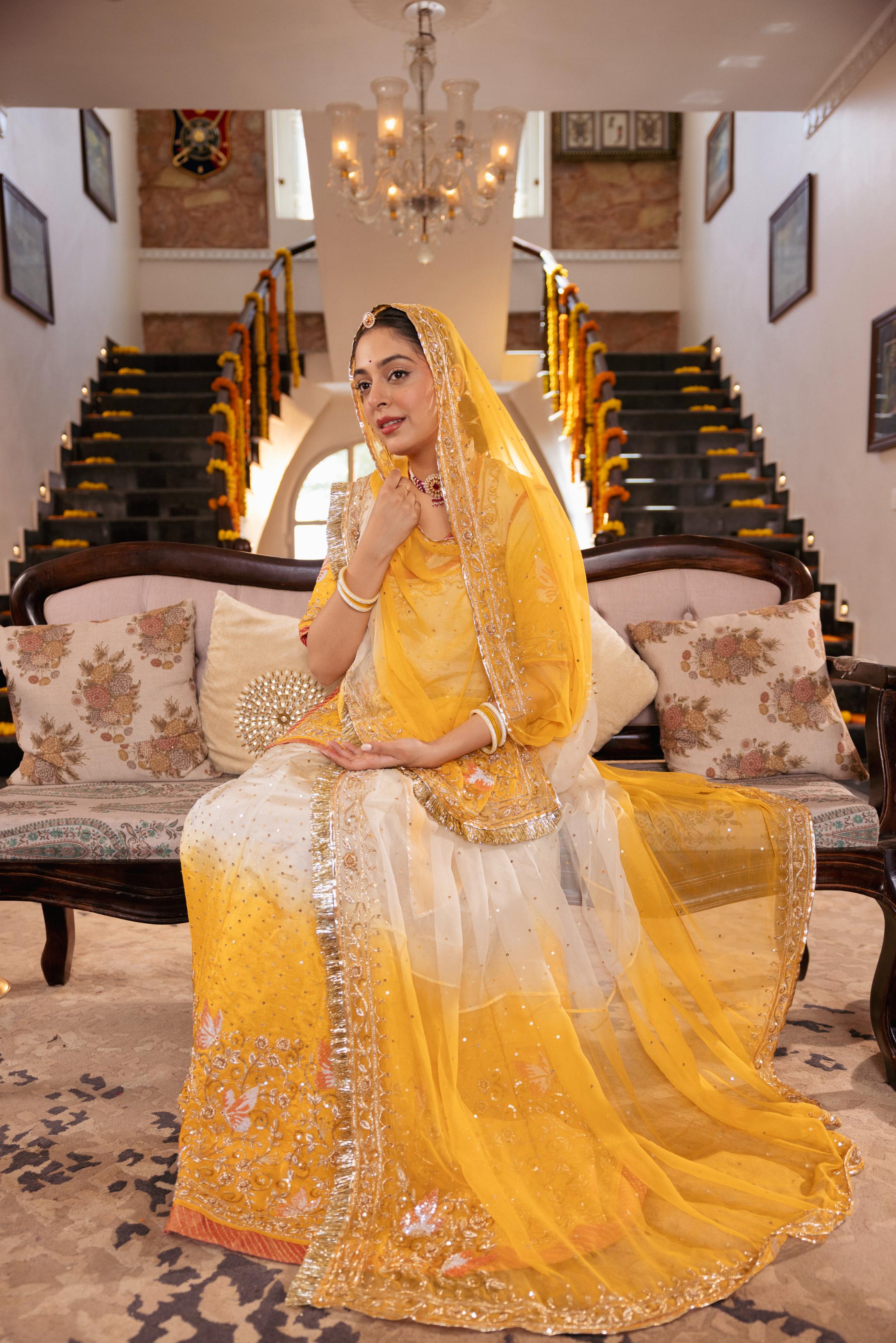 Yellow White Ombre Tissue Zardozi  Handwork   Poshak (Unstitched)