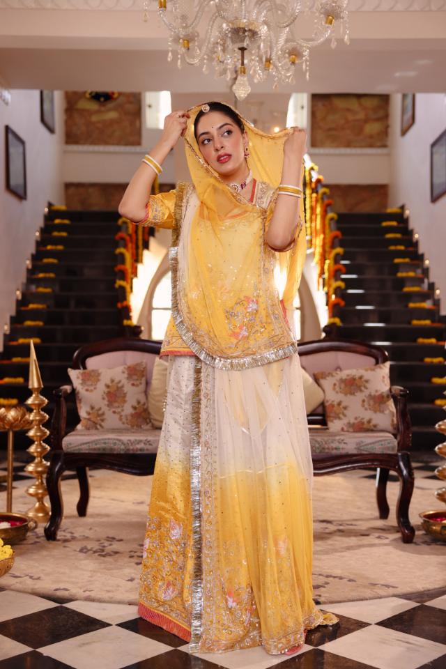 Yellow White Ombre Tissue Zardozi  Handwork   Poshak (Unstitched)