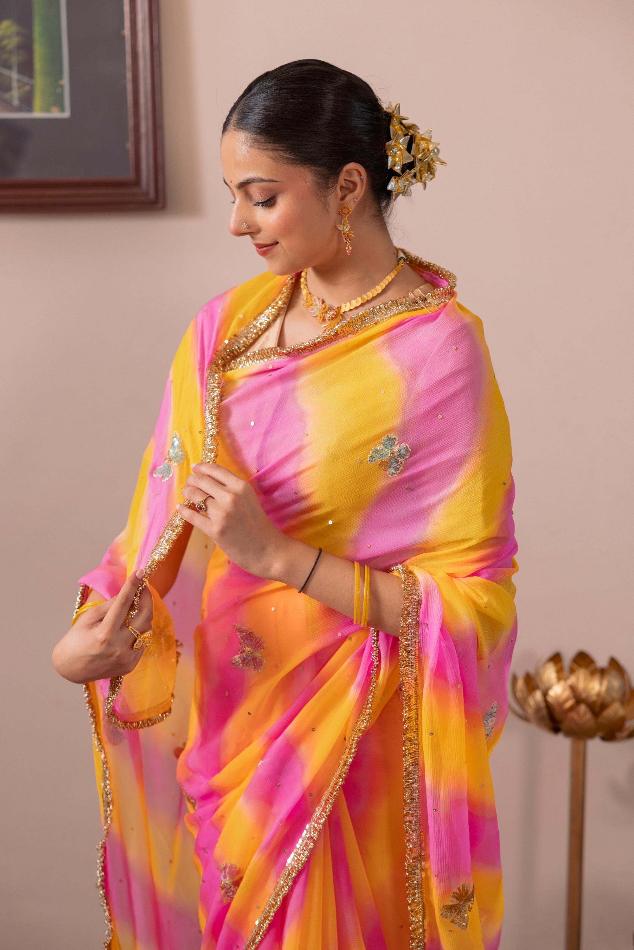 Samundar Leher  Pure Chiffon  Aari Sequins Motif  Handwork   Saree