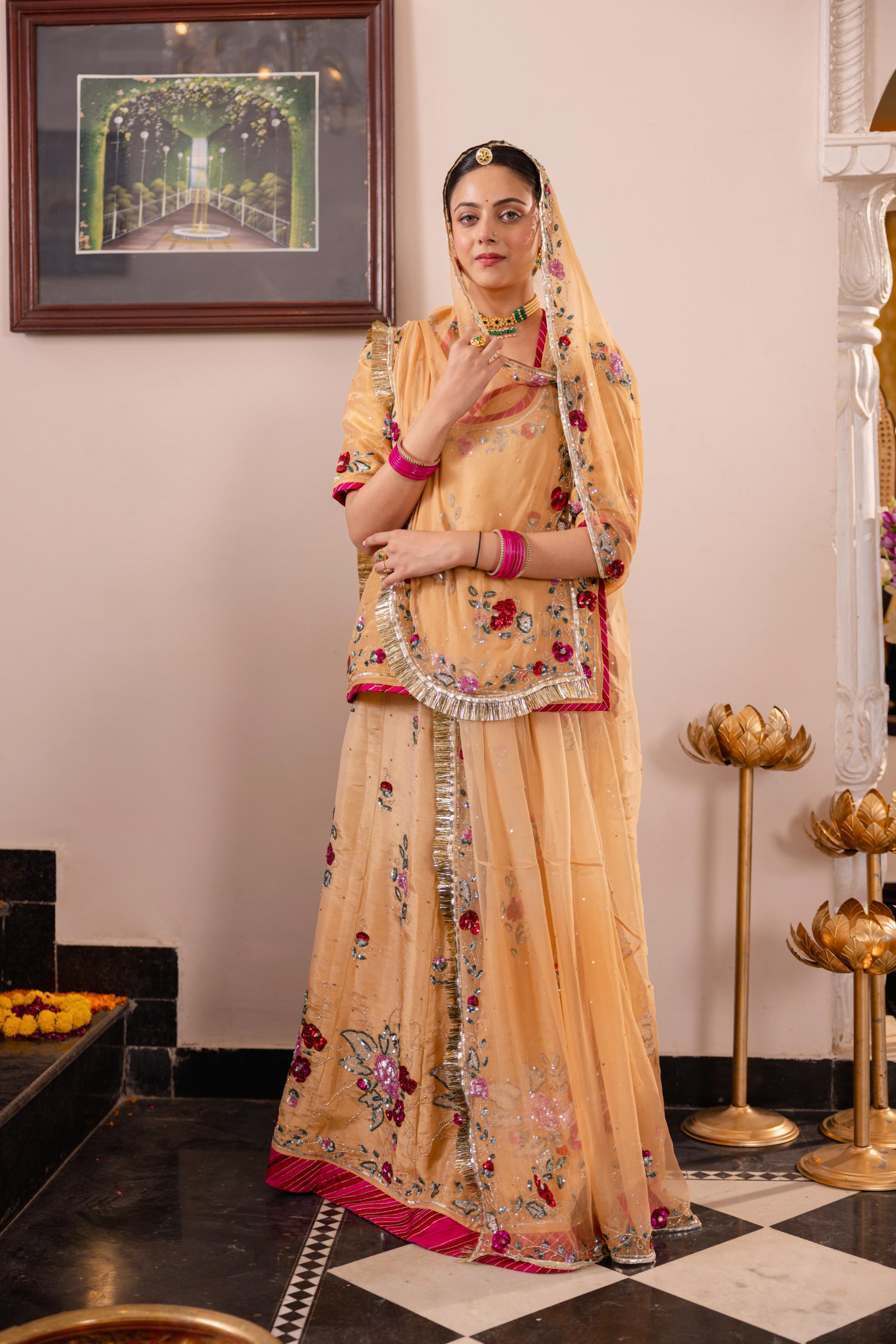 Beige Tissue Sequins Kardana Handwork   Poshak (Unstitched)