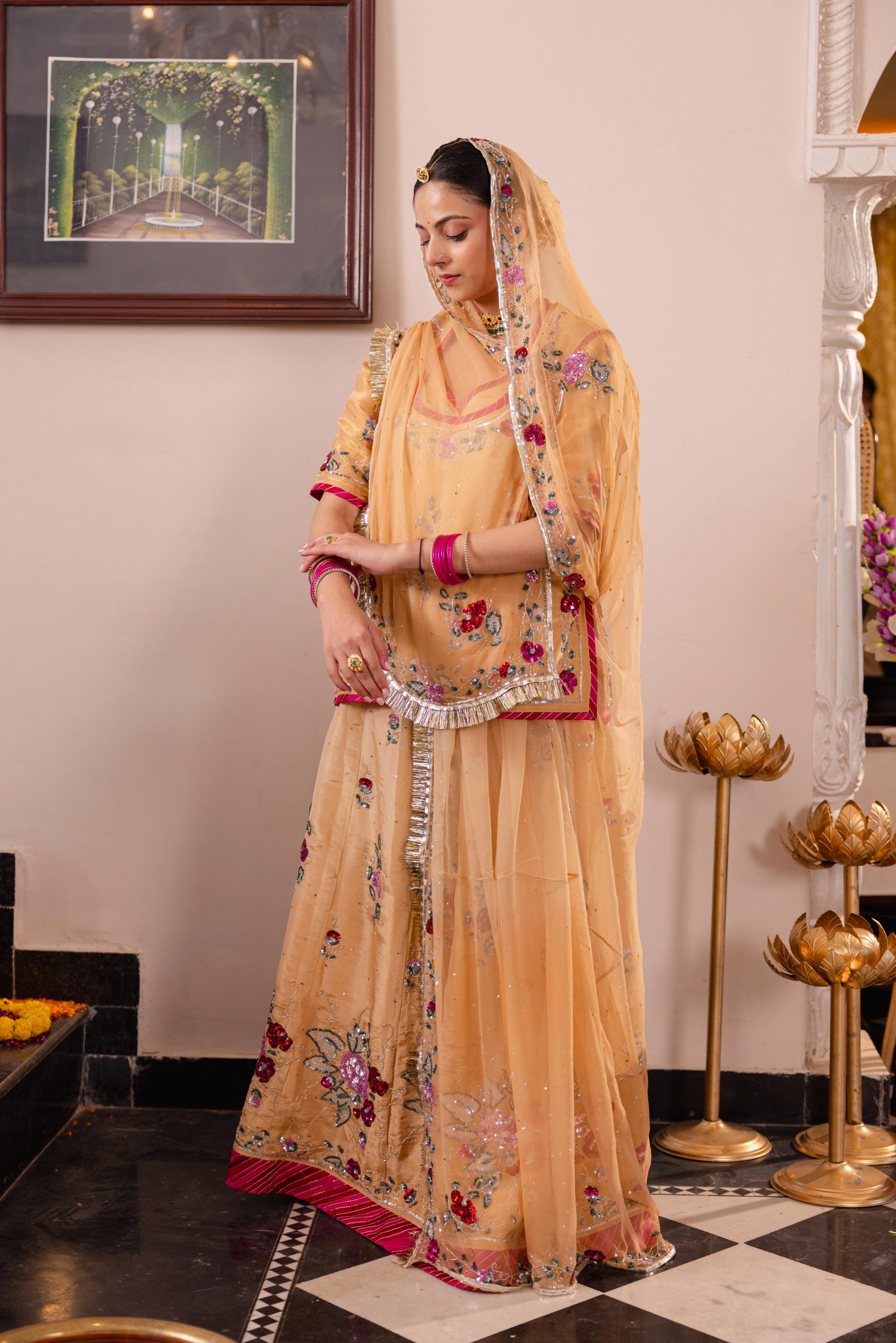 Beige Tissue Sequins Kardana Handwork   Poshak (Unstitched)
