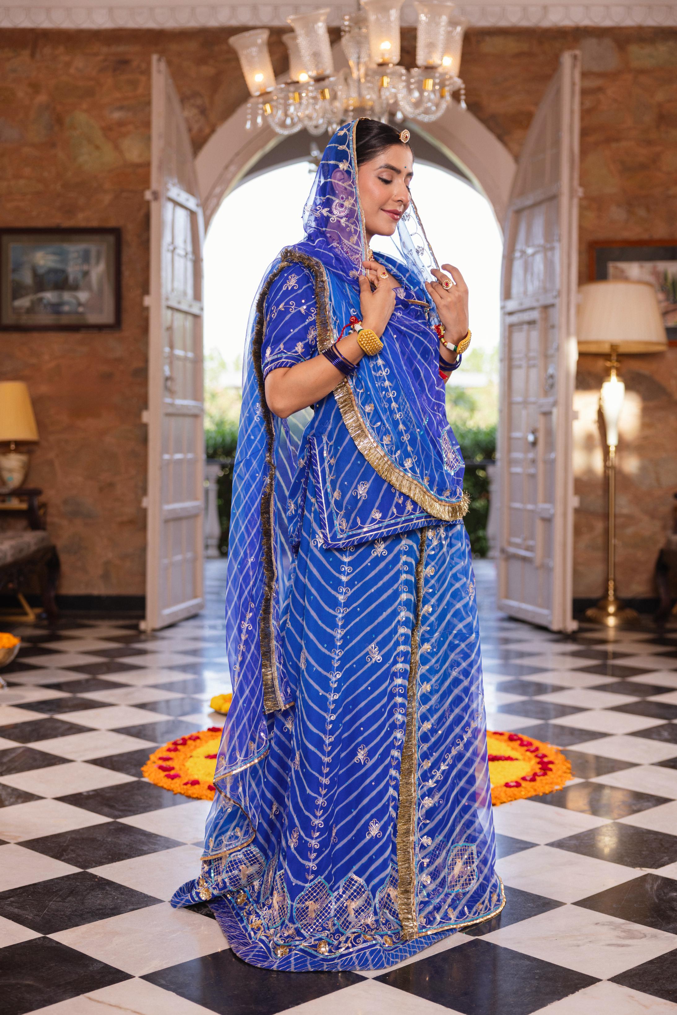Royal Blue  20 grms Pure Georgette AAri Sequins Cutwork Handwork   Poshak (Unstitched)