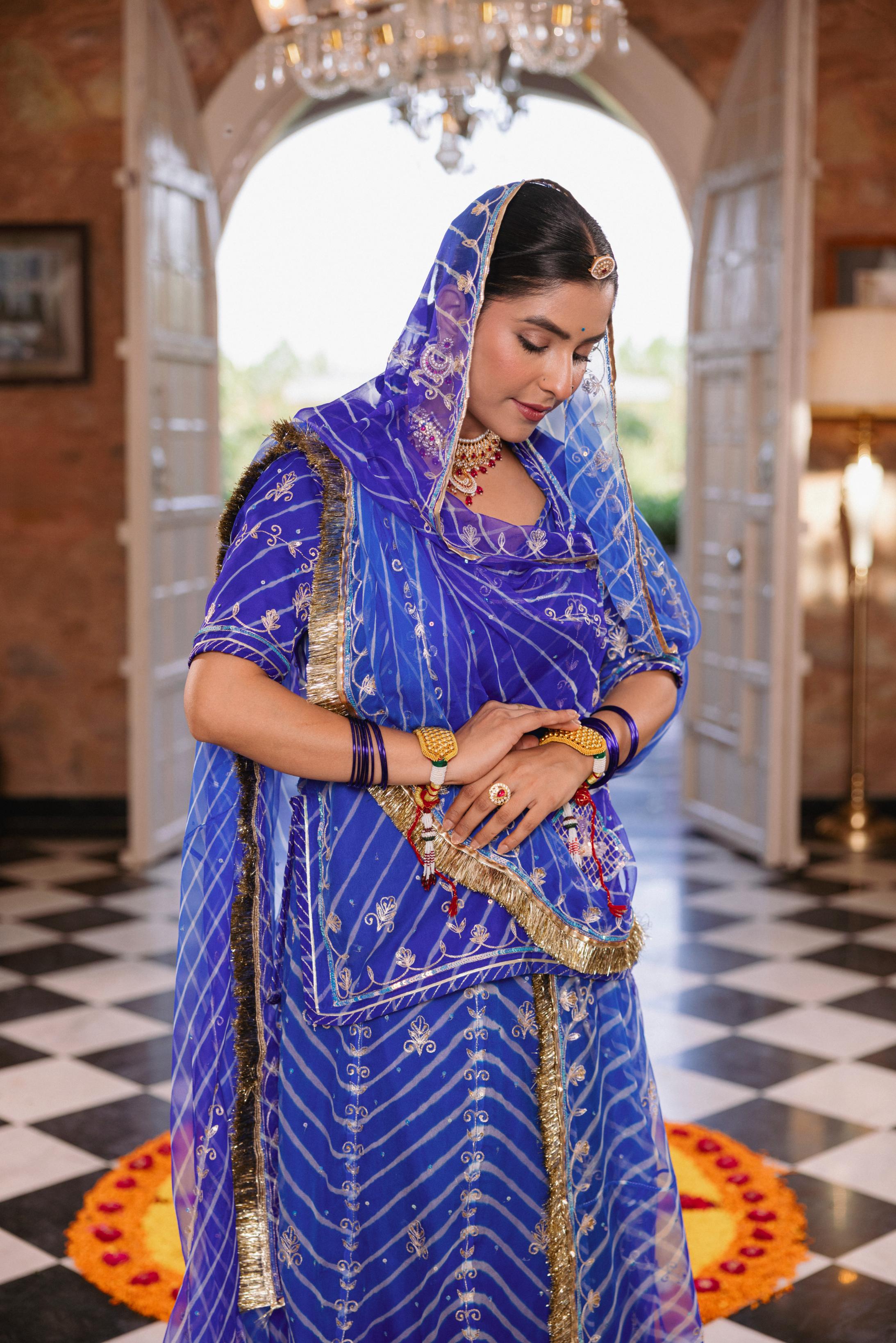 Royal Blue  20 grms Pure Georgette AAri Sequins Cutwork Handwork   Poshak (Unstitched)