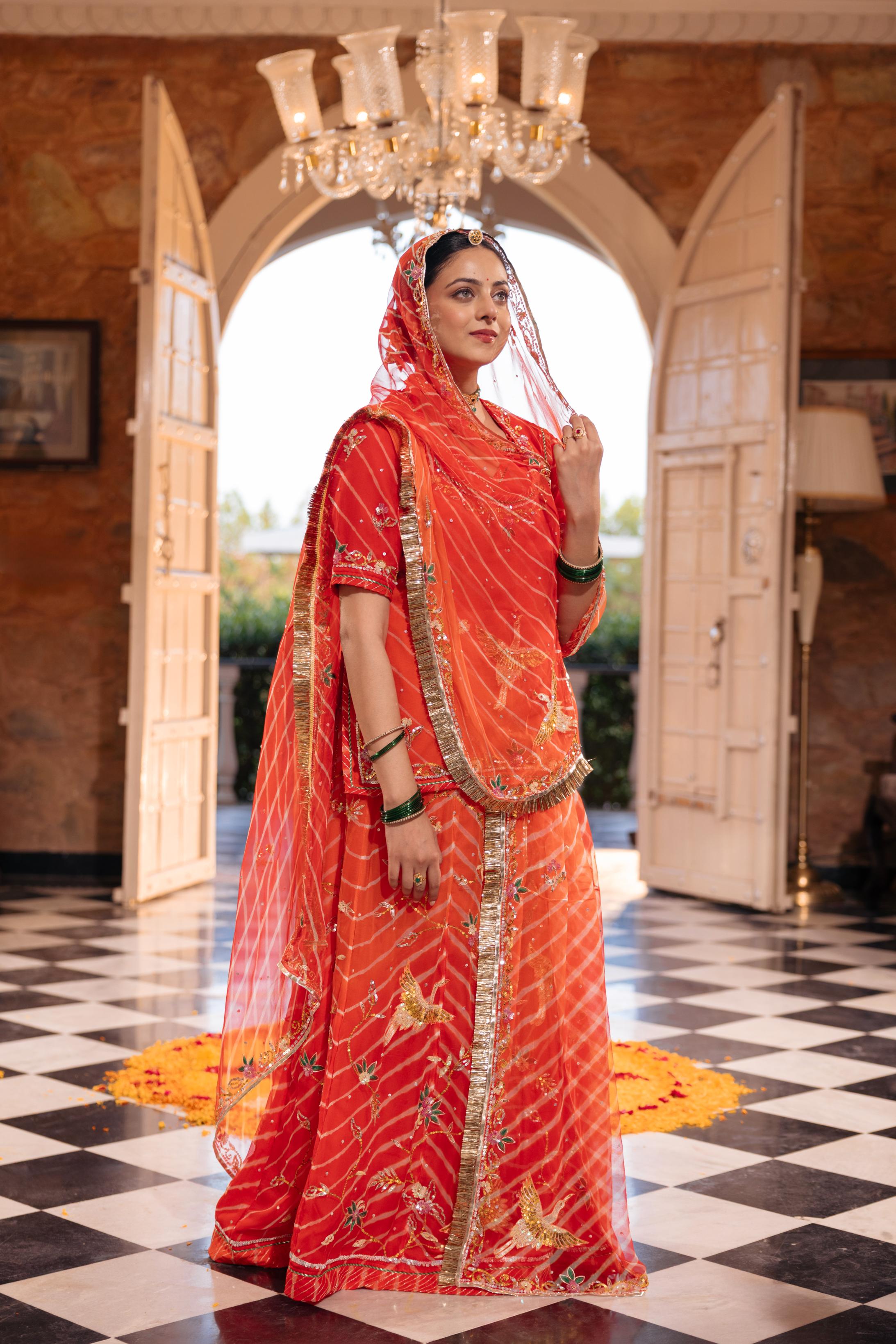 Orange  20 grms Pure Georgette Aari Sequins Resham Handwork   Poshak (Unstitched)