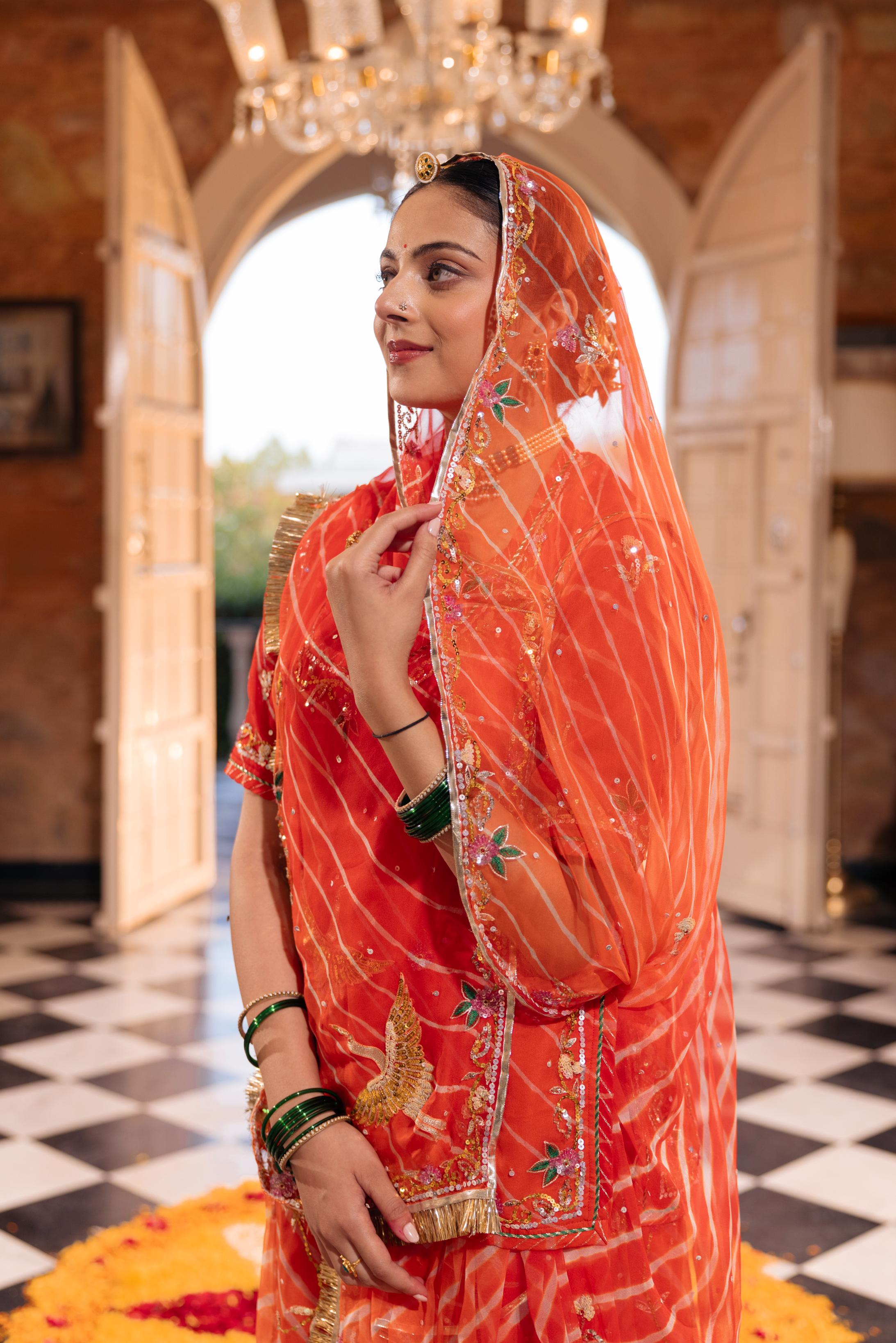 Orange  20 grms Pure Georgette Aari Sequins Resham Handwork   Poshak (Unstitched)