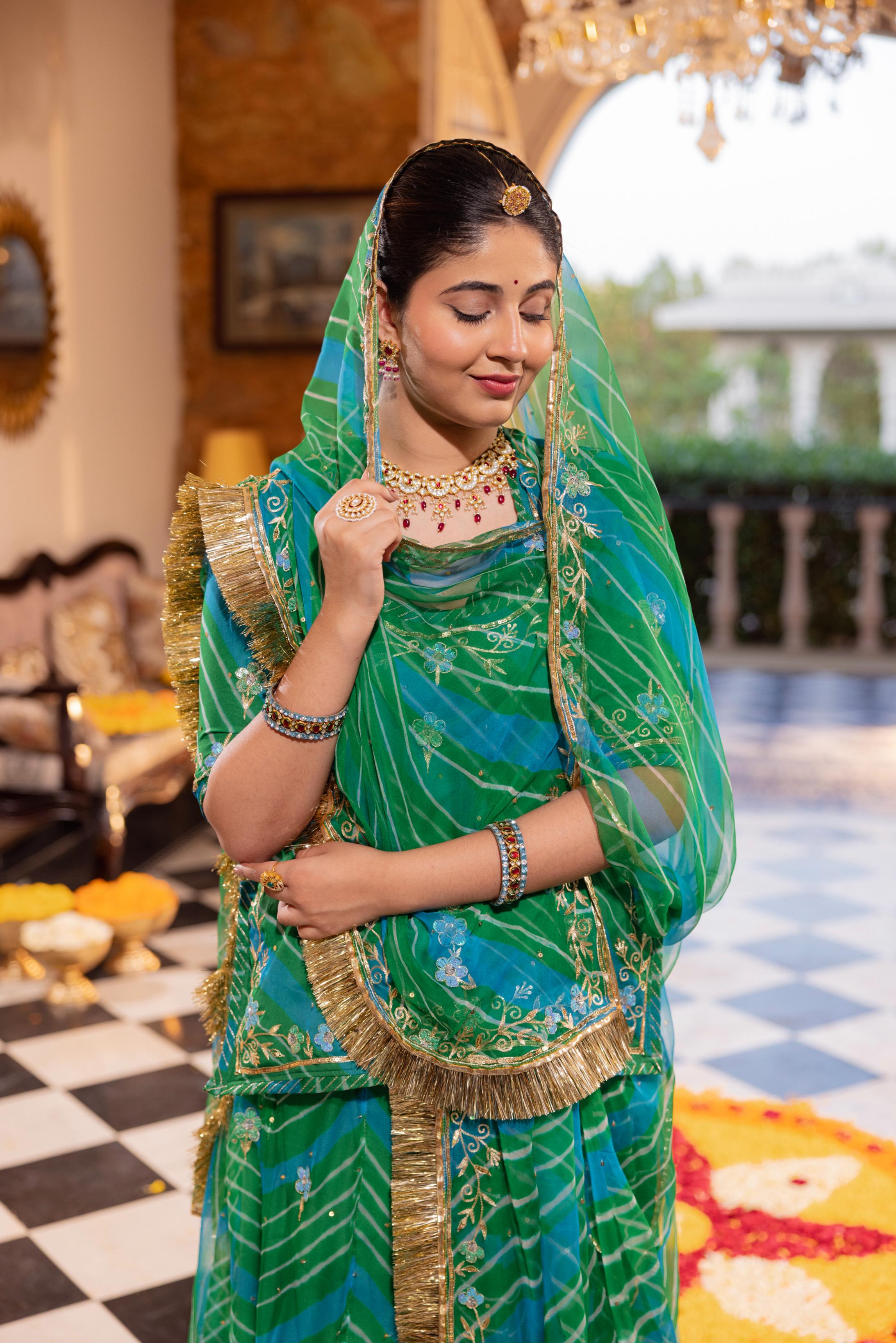 Green  20 grms Pure Georgette Aari Tari Handwork   Poshak (Unstitched)