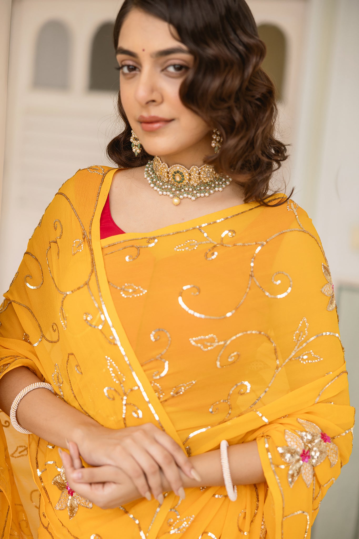 Yellow Kesariya Pure Chiffon Aari Sequins  Handwork  Saree