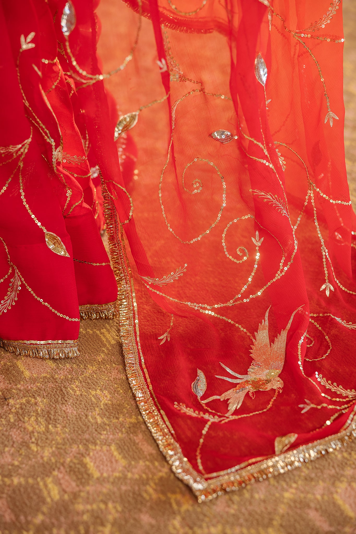 Red Orange Shaded Pure Chiffon Aari Sequins Jaal Handwork  Saree