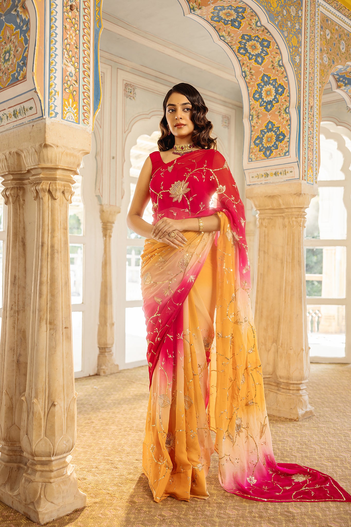 Rani Peach Shaded Pure Chiffon Aari Tari Jaal work Handwork  Saree
