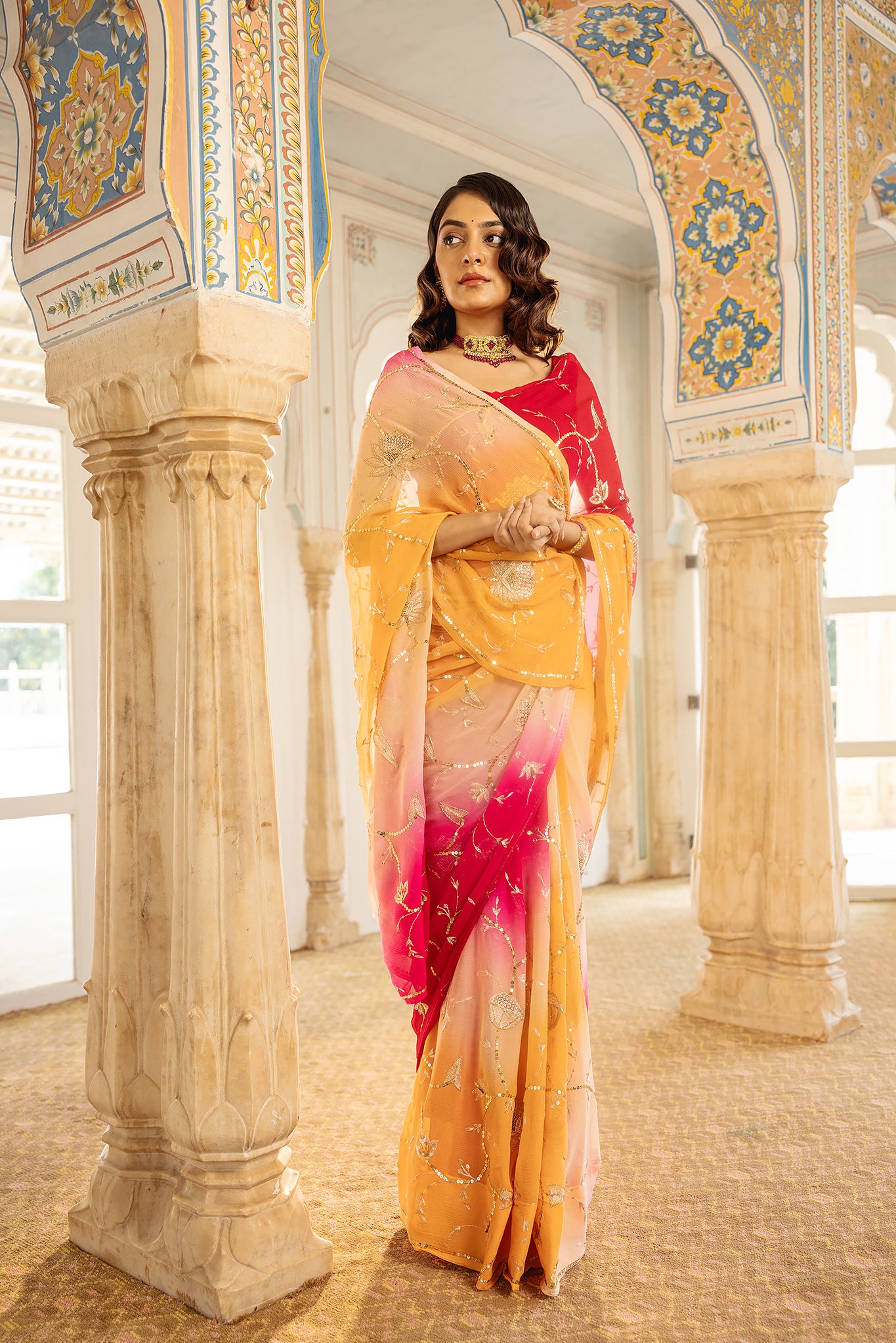 Rani Peach Shaded Pure Chiffon Aari Tari Jaal work Handwork  Saree