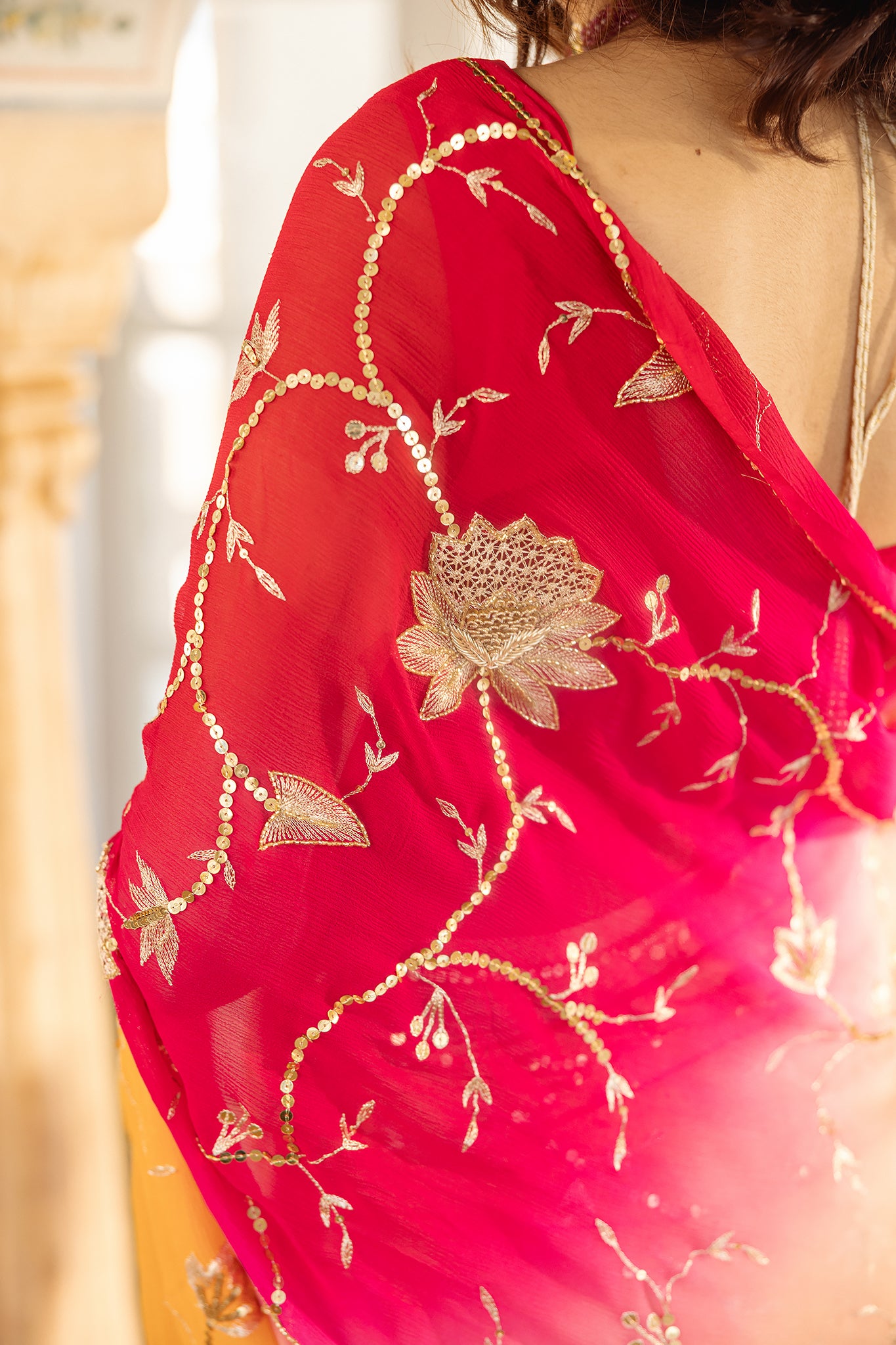 Rani Peach Shaded Pure Chiffon Aari Tari Jaal work Handwork  Saree