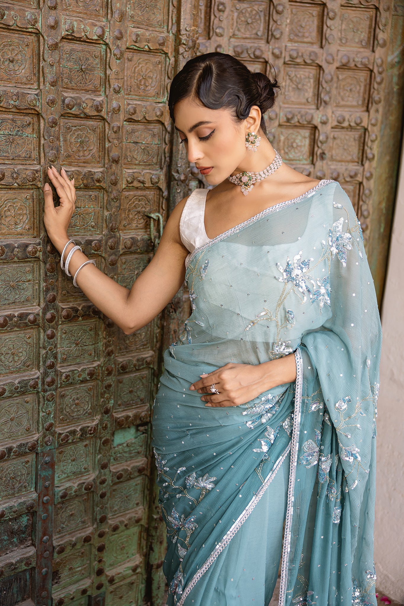 Blue Turquoise Pure Chiffon Aari Sequins Kardana work Handwork  Saree