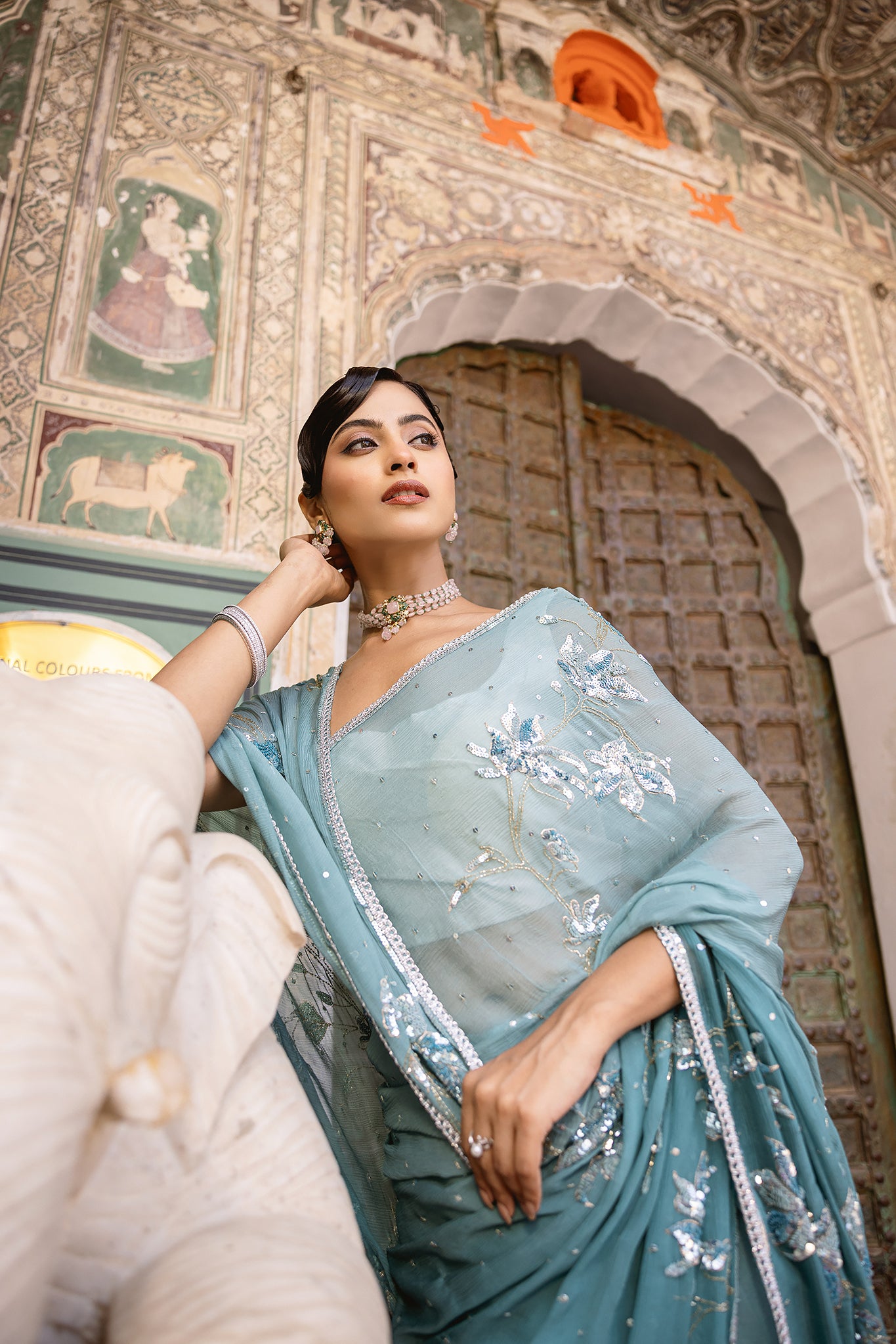 Blue Turquoise Pure Chiffon Aari Sequins Kardana work Handwork  Saree