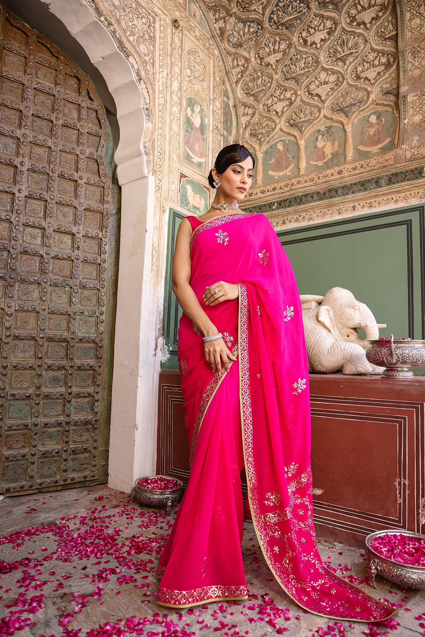 Rani Pink Shaded Pure Georgette Mukaish  Handwork Saree