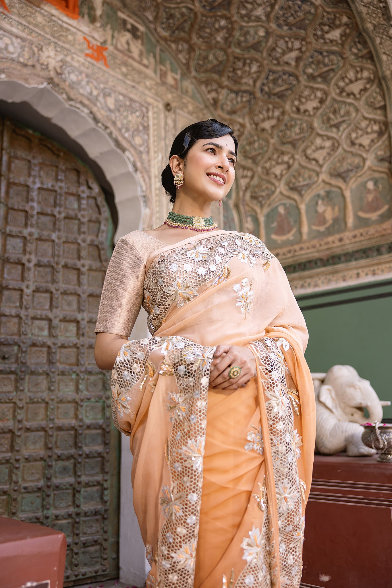 Peach Shaded Pure Chiffon Aari Sequins Zardozi  Cutwork Handwork  Saree