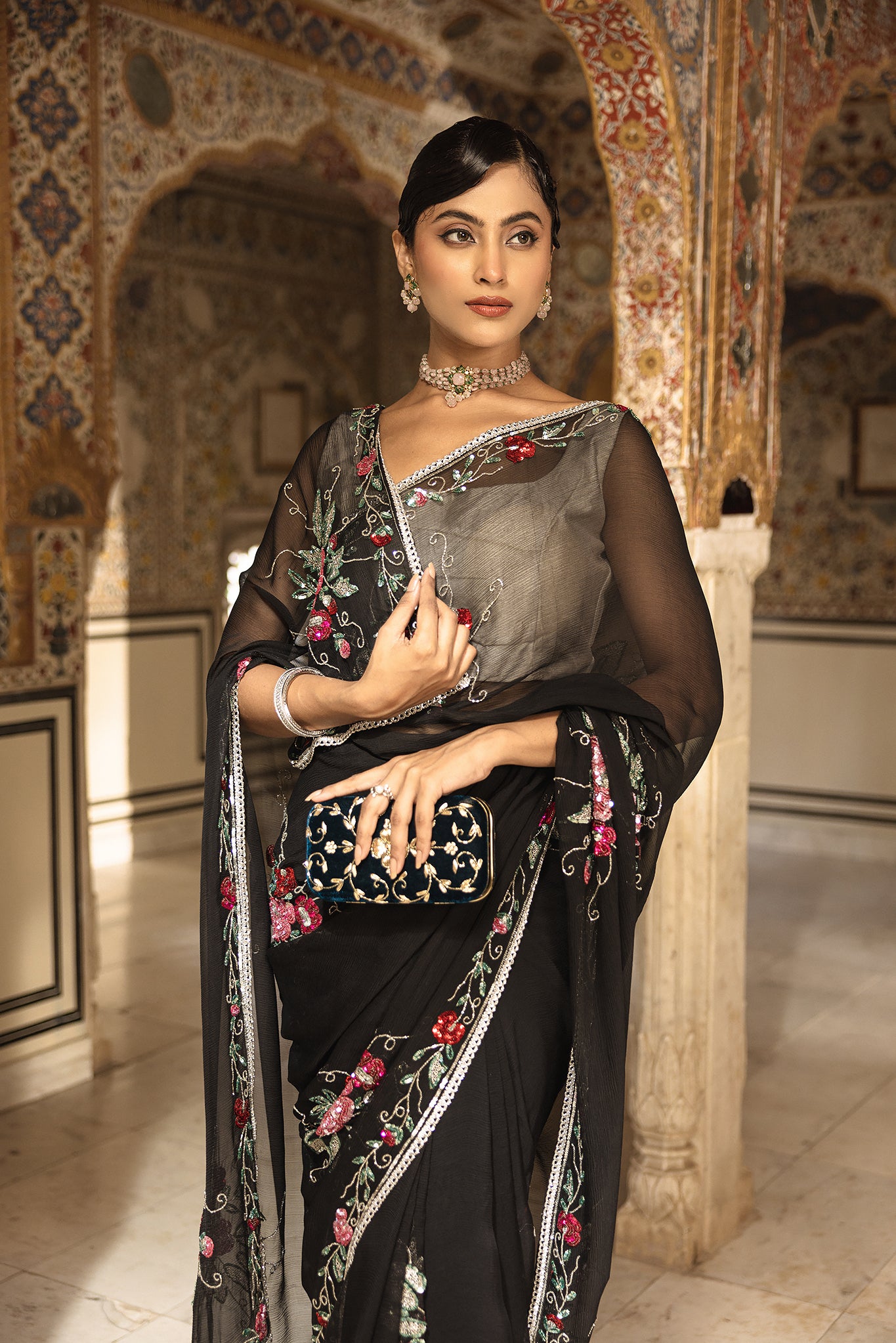 Black Pure Chiffon Sequins Kardana Handwork  Saree