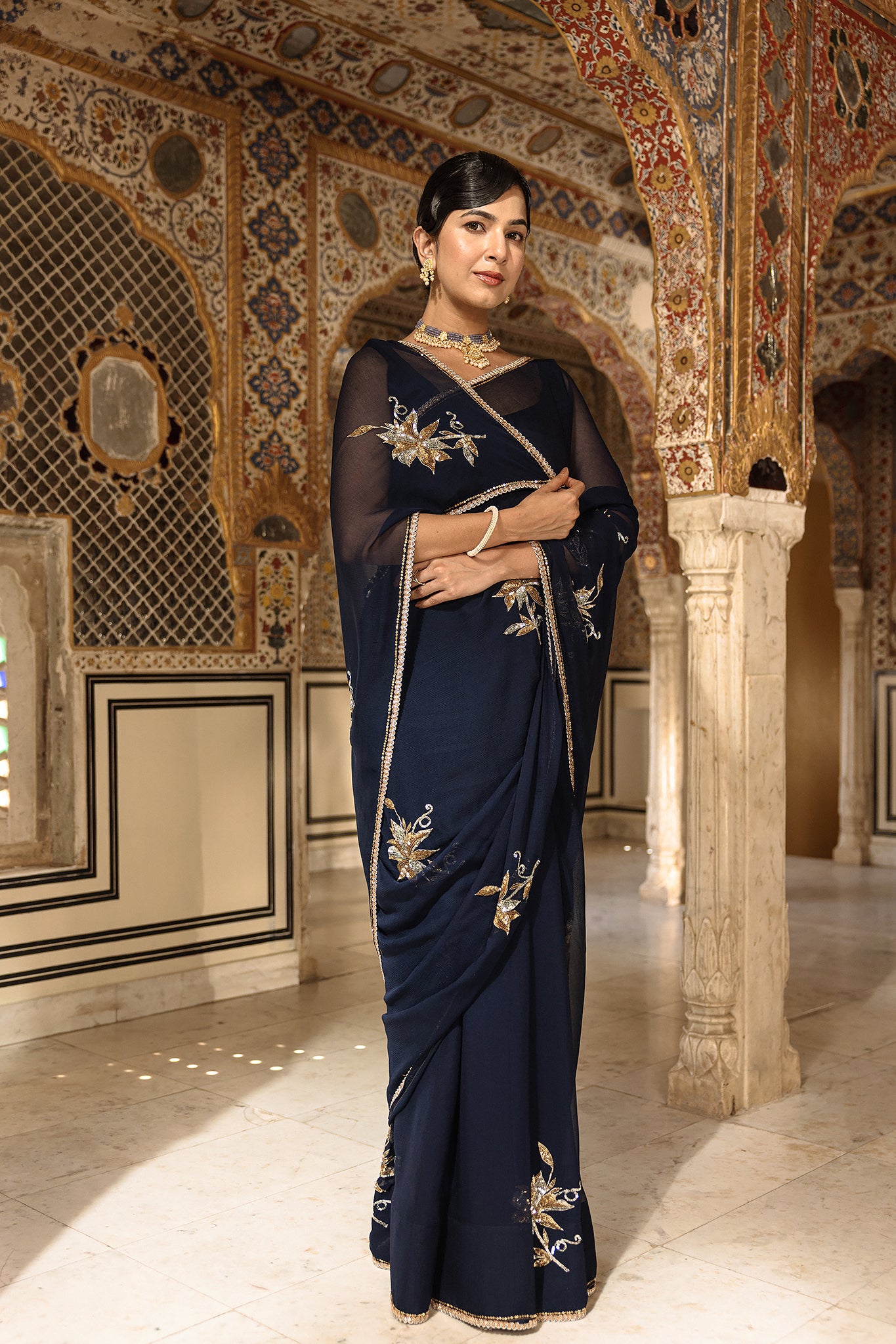 Navy Blue Pure Chiffon Aari Sequins Handwork  Saree