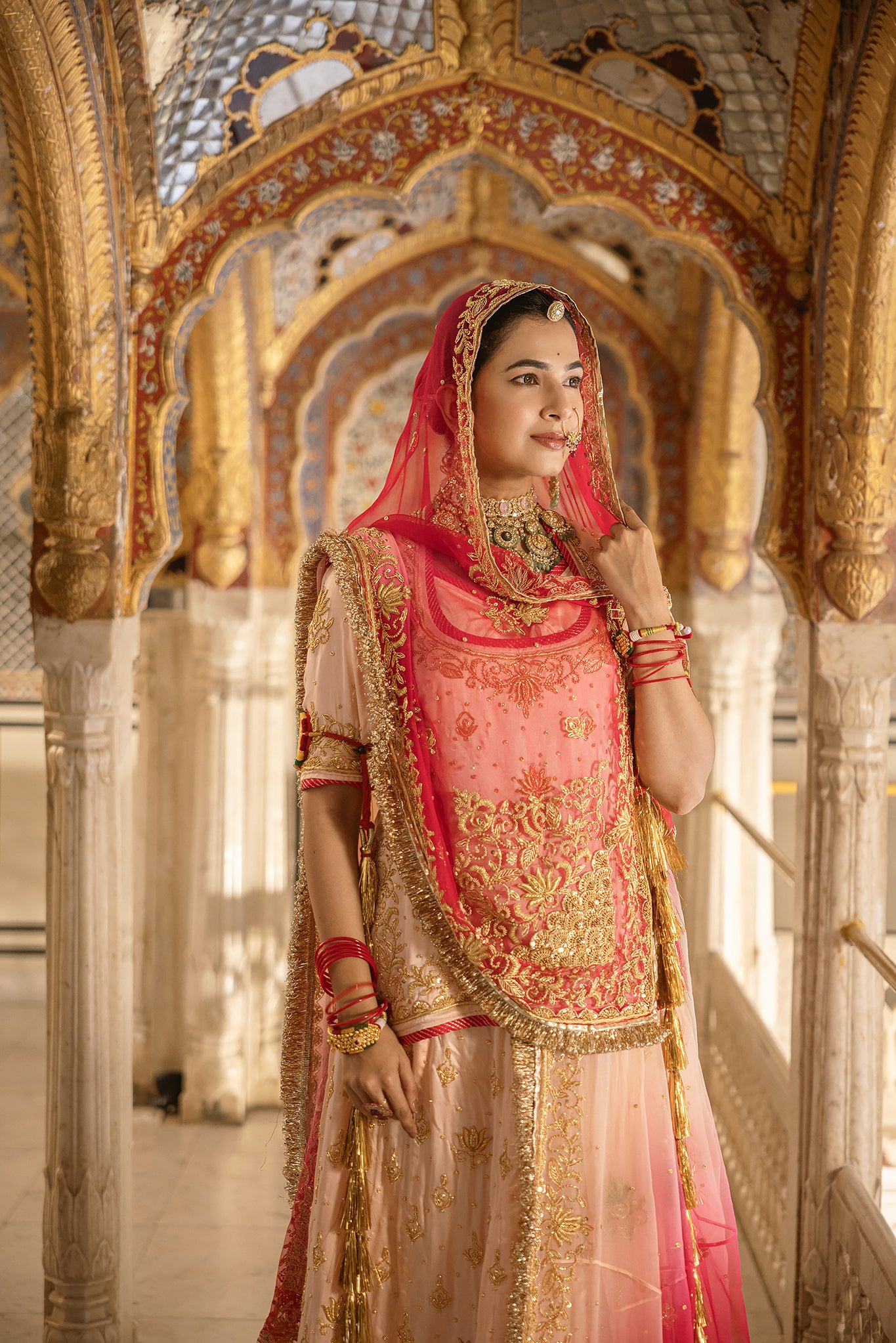 Peach Pink Shaded Pure Satin Salma Tari Dabka Handwork  Poshak With Pure Odhana  (Unstitched)