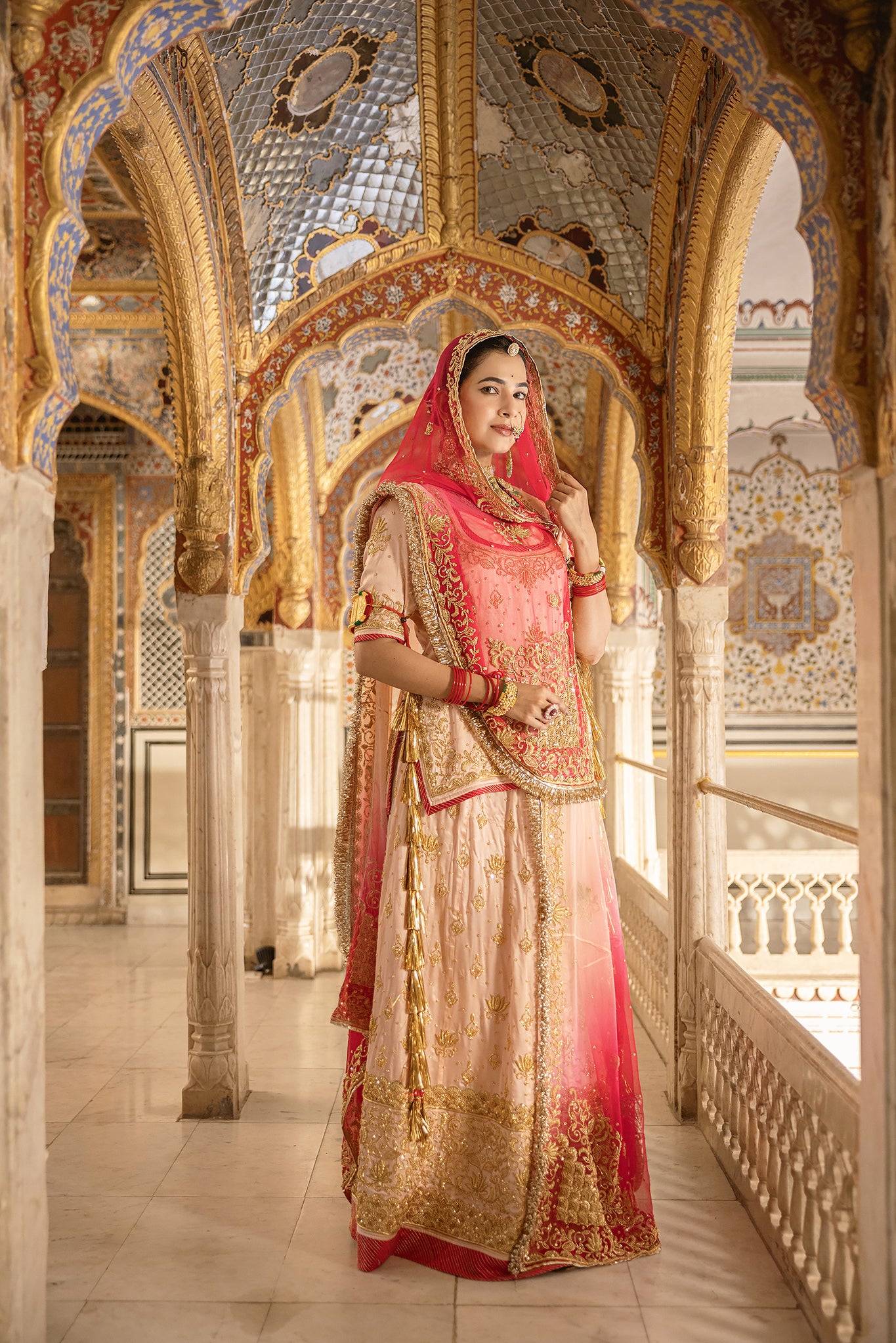 Peach Pink Shaded Pure Satin Salma Tari Dabka Handwork  Poshak With Pure Odhana  (Unstitched)