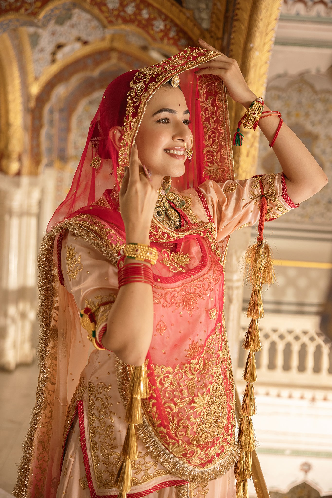 Peach Pink Shaded Pure Satin Salma Tari Dabka Handwork  Poshak With Pure Odhana  (Unstitched)