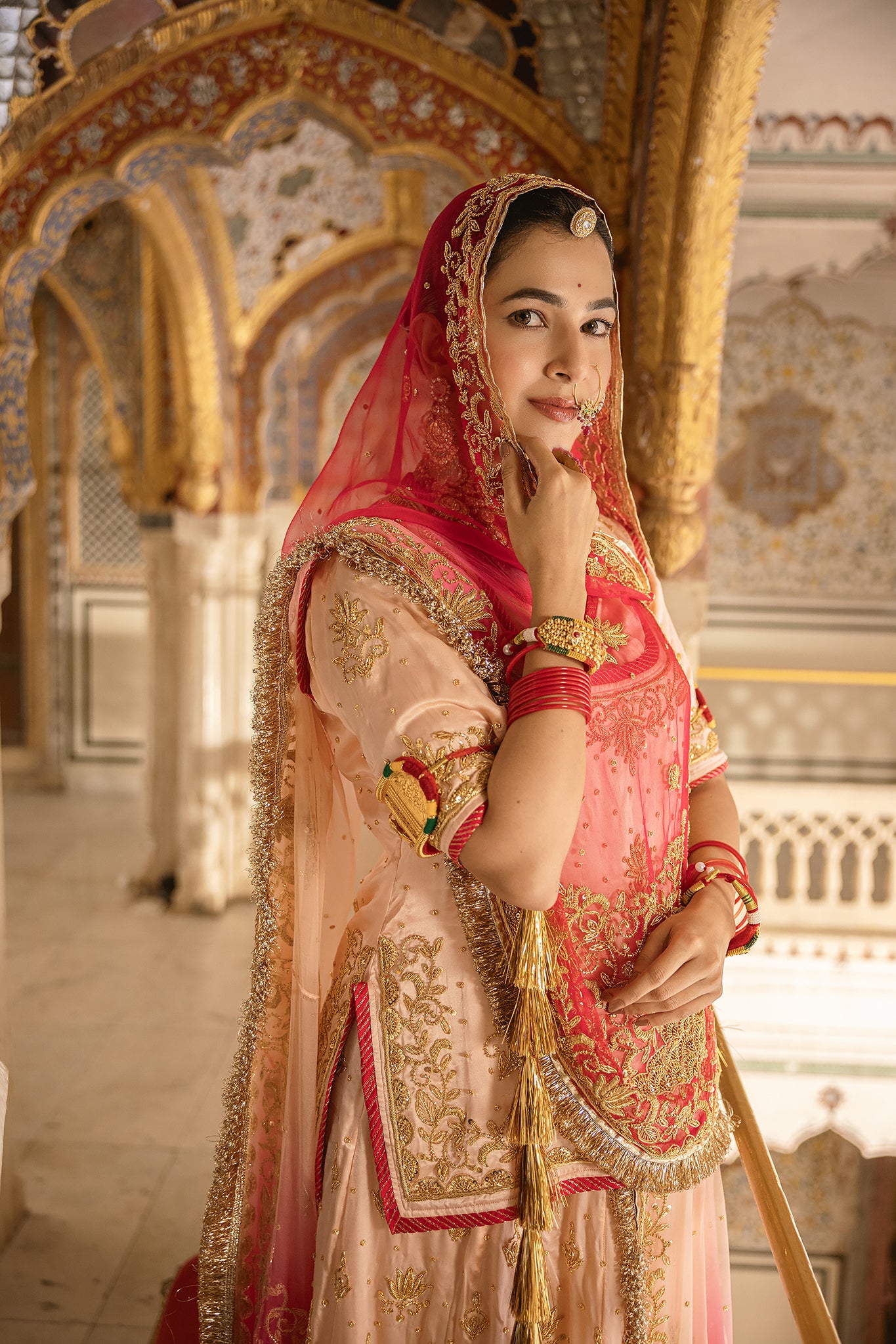 Peach Pink Shaded Pure Satin Salma Tari Dabka Handwork  Poshak With Pure Odhana  (Unstitched)