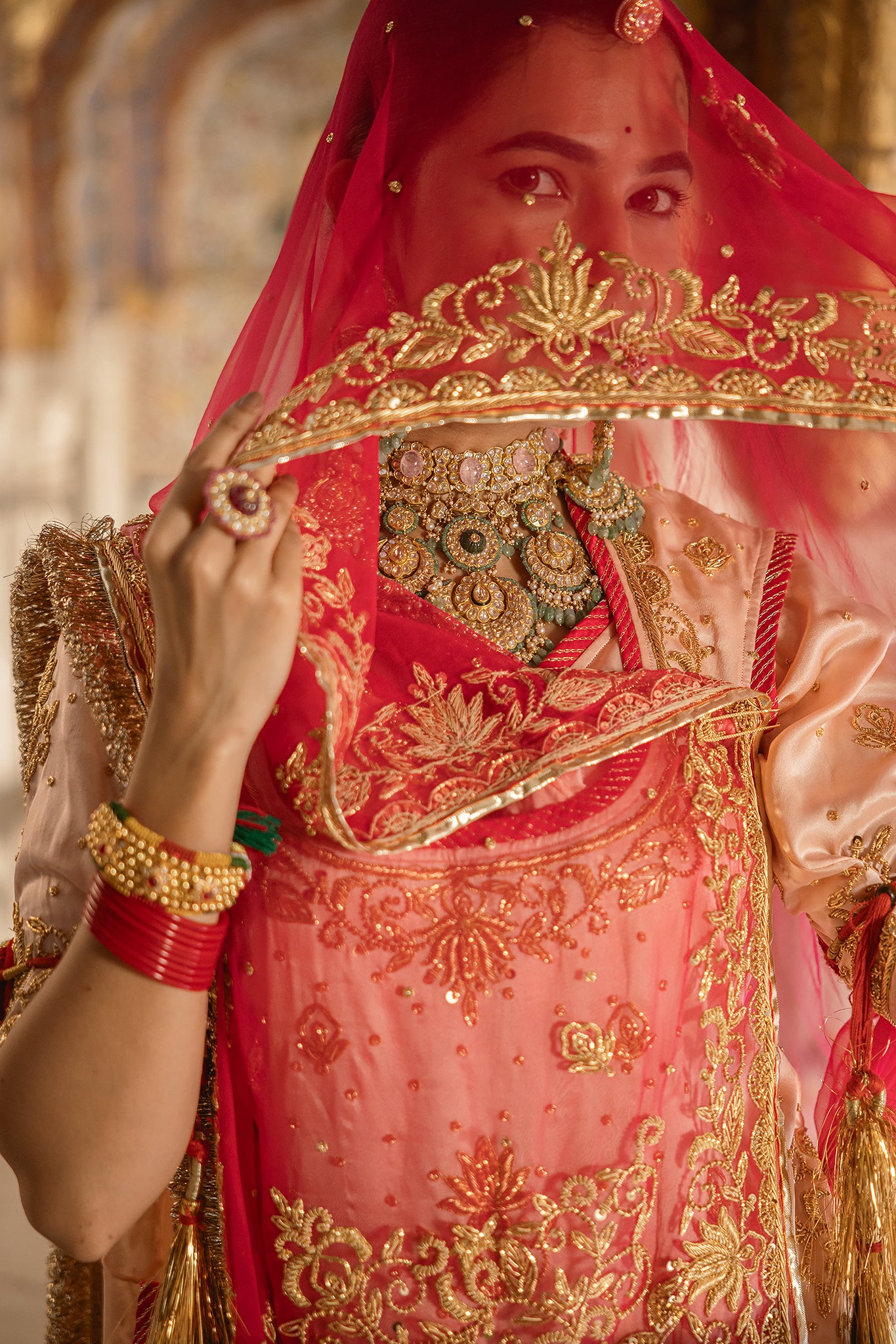 Peach Pink Shaded Pure Satin Salma Tari Dabka Handwork  Poshak With Pure Odhana  (Unstitched)