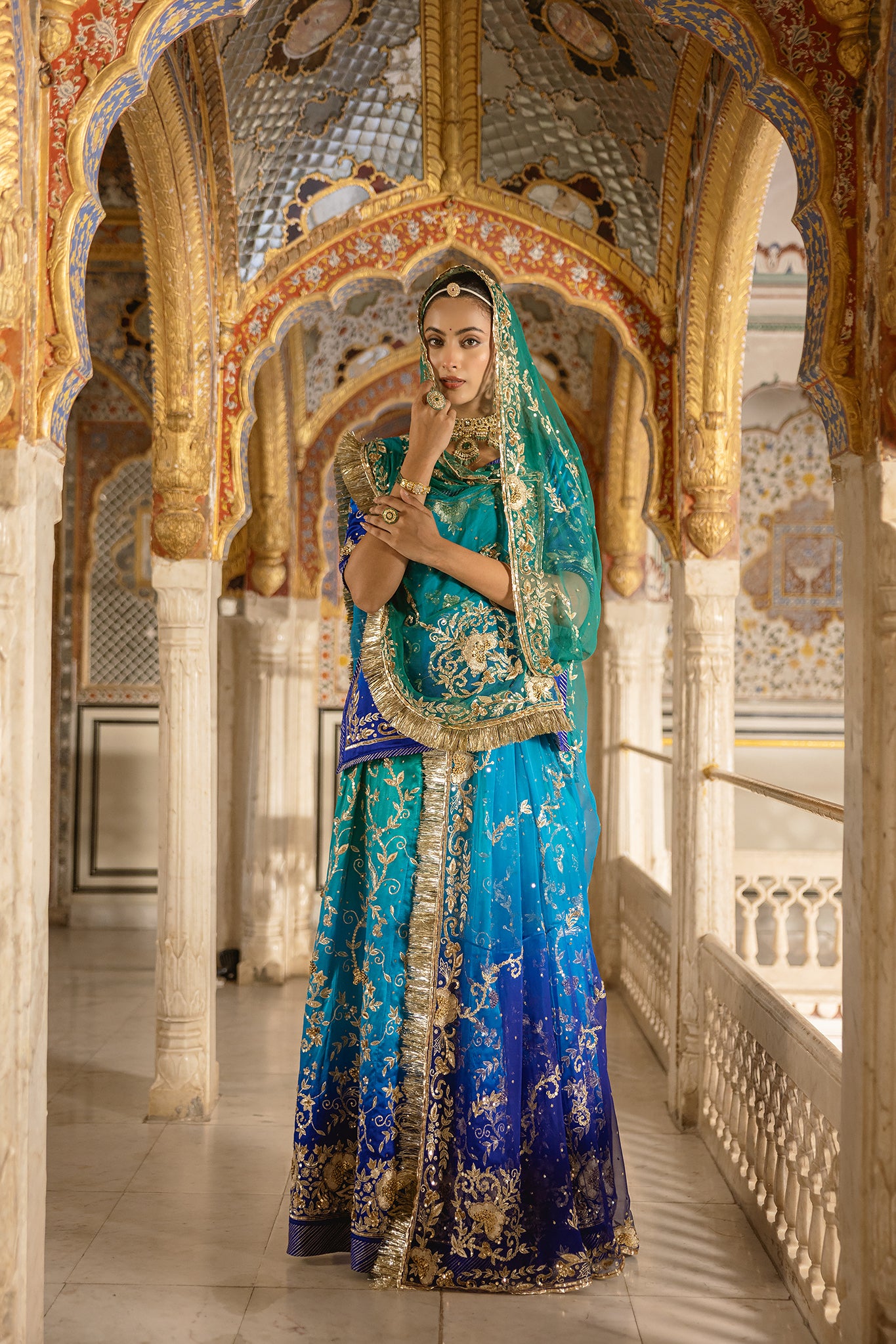 Peacock Shaded Pure Satin Aari Tari Zardozi  Handwork  Poshak With Pure Odhana  (Unstitched)