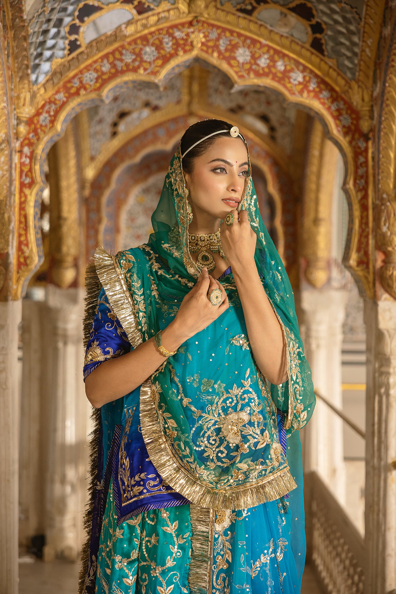 Peacock Shaded Pure Satin Aari Tari Zardozi  Handwork  Poshak With Pure Odhana  (Unstitched)
