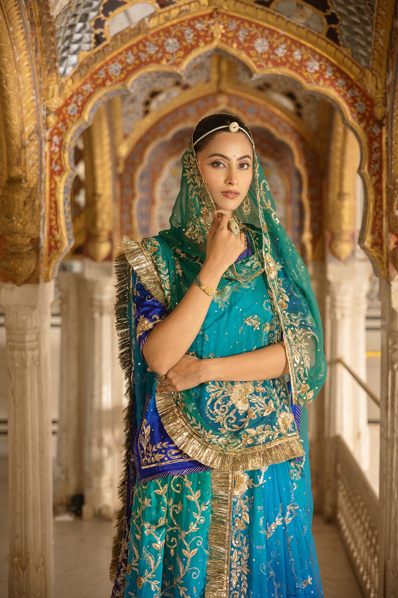 Peacock Shaded Pure Satin Aari Tari Zardozi  Handwork  Poshak With Pure Odhana  (Unstitched)