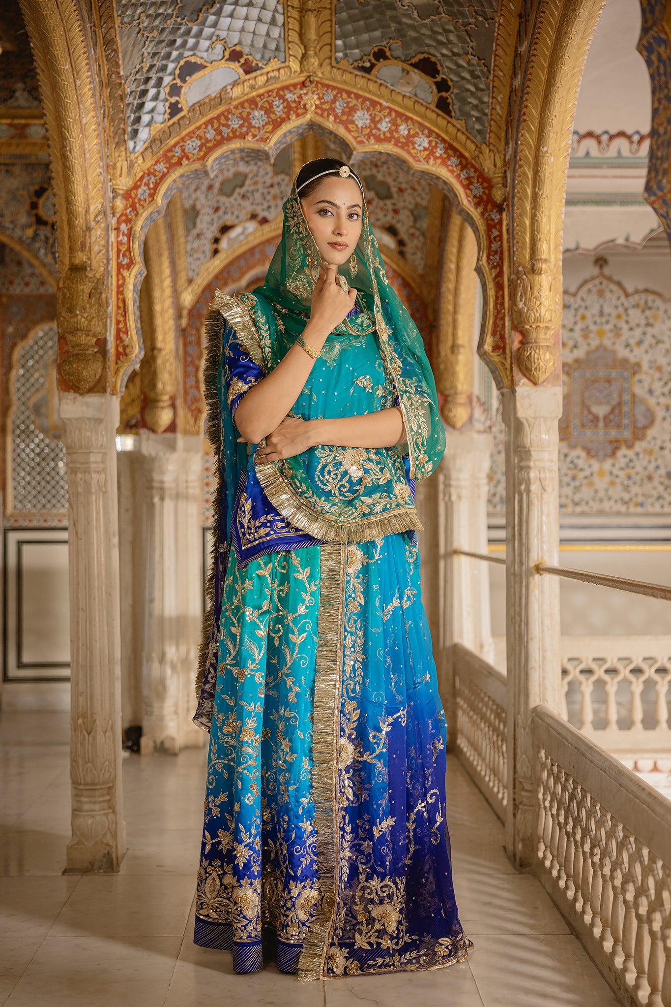 Peacock Shaded Pure Satin Aari Tari Zardozi  Handwork  Poshak With Pure Odhana  (Unstitched)