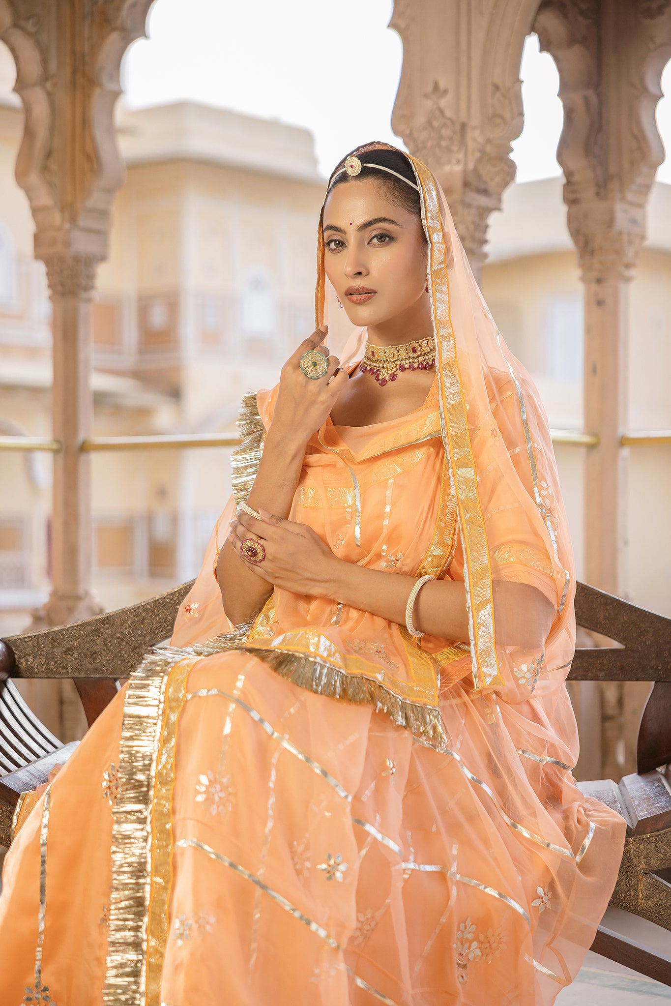 Peach  Bamber Satin Laffa Patti work Handwork  Poshak