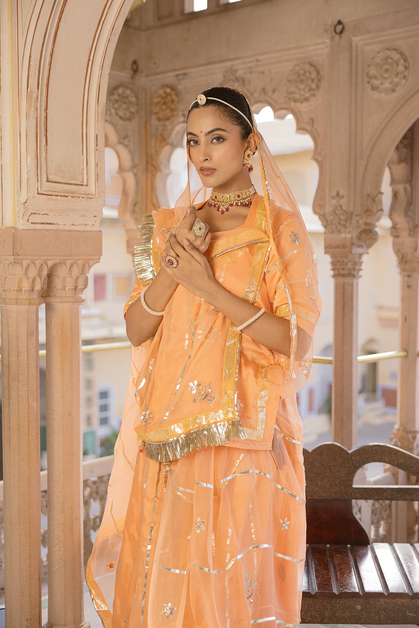 Peach  Bamber Satin Laffa Patti work Handwork  Poshak