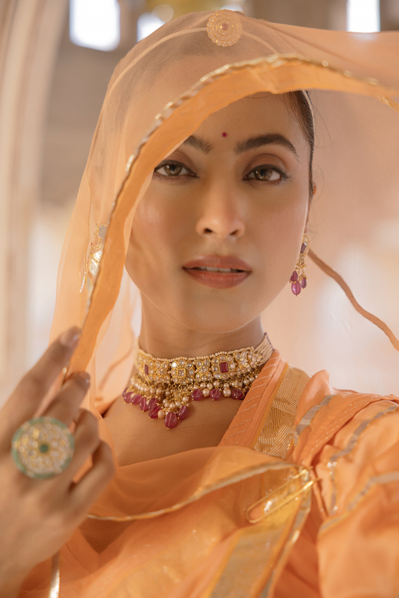 Peach  Bamber Satin Laffa Patti work Handwork  Poshak