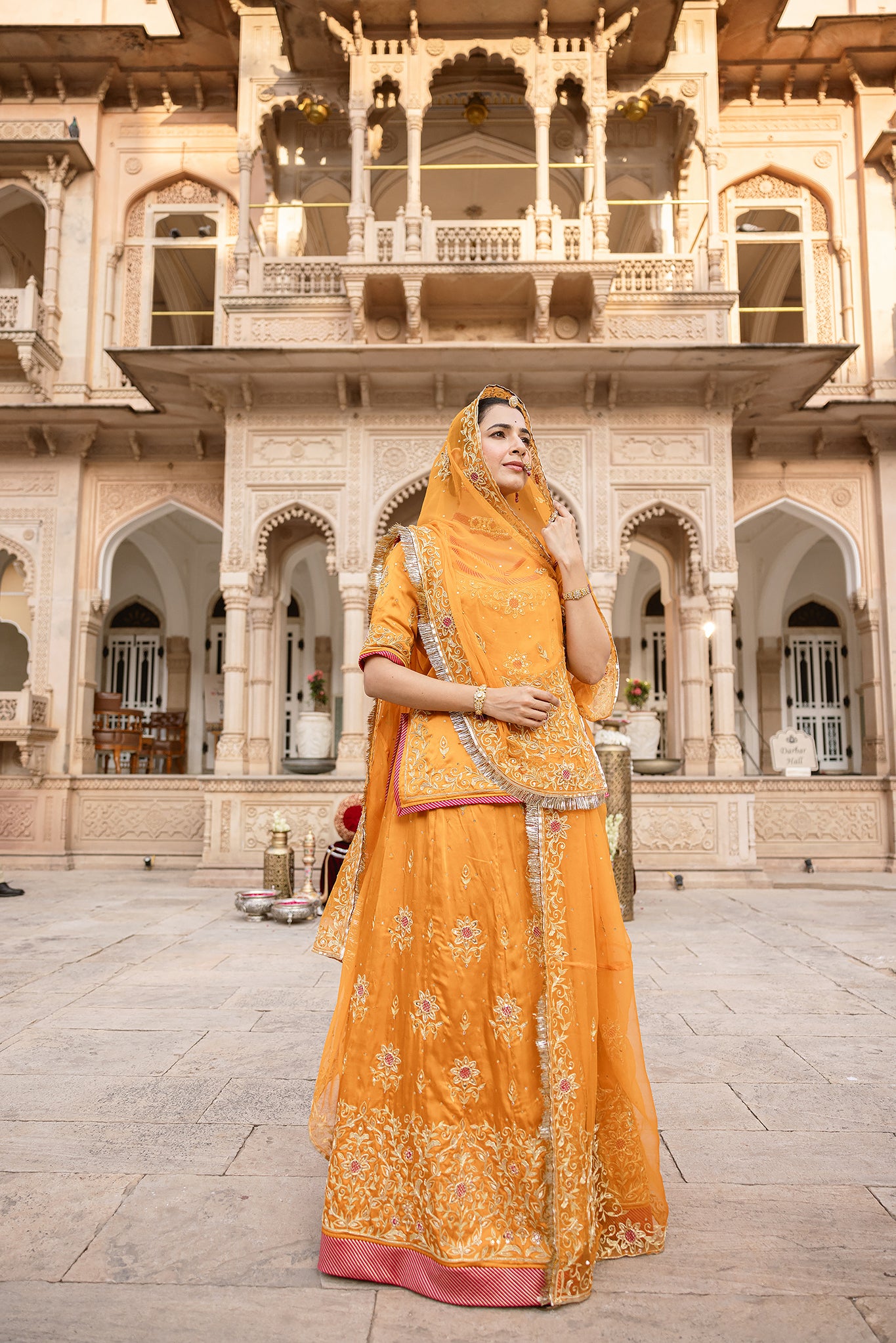 Mustard Yellow Bamber Satin Aari Salma Tari Handwork  Poshak (Unstitched)