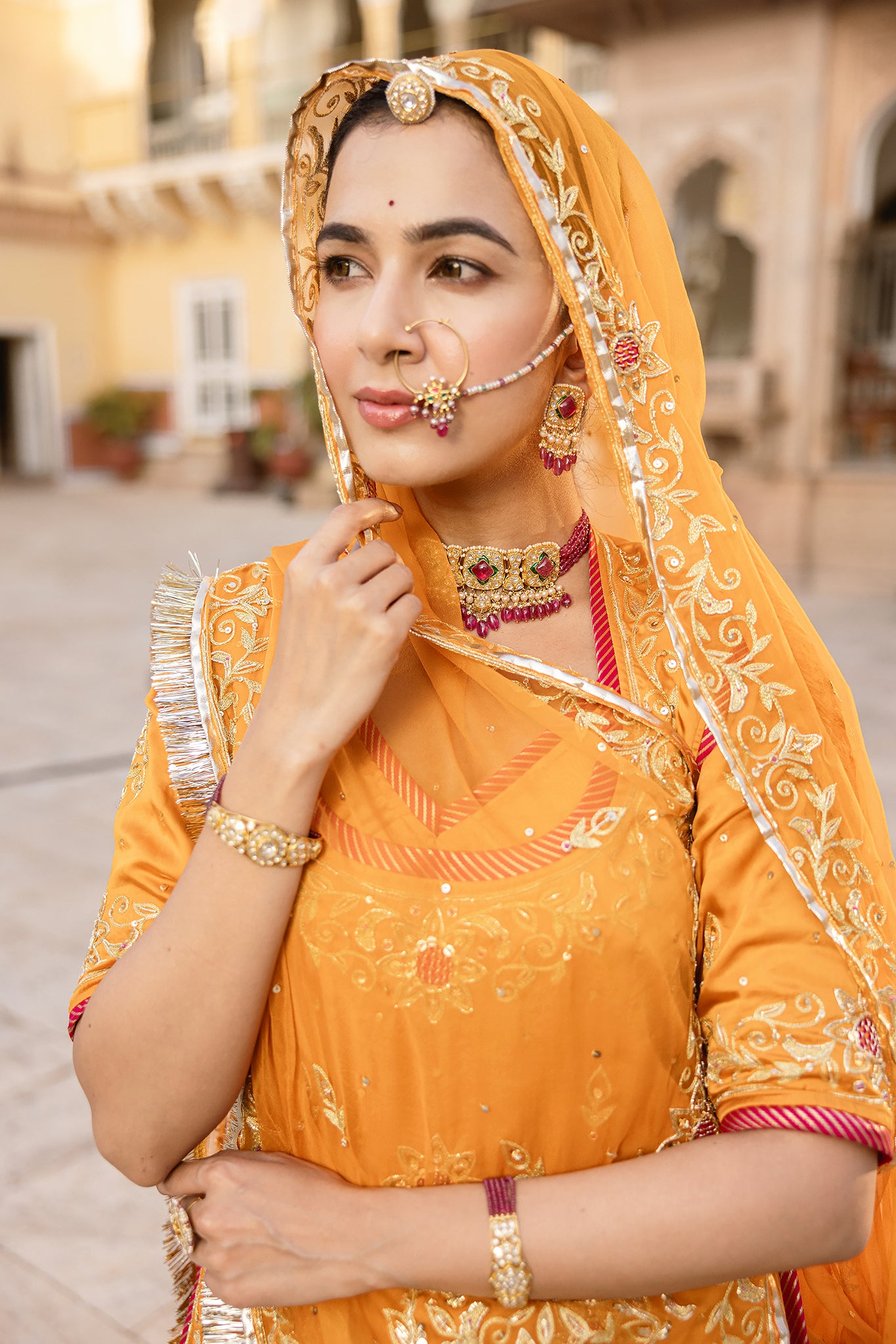 Mustard Yellow Bamber Satin Aari Salma Tari Handwork  Poshak (Unstitched)