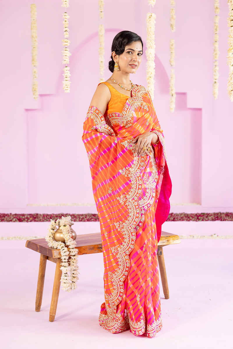 pure chinnon yellow orange leheriya gota patti border saree