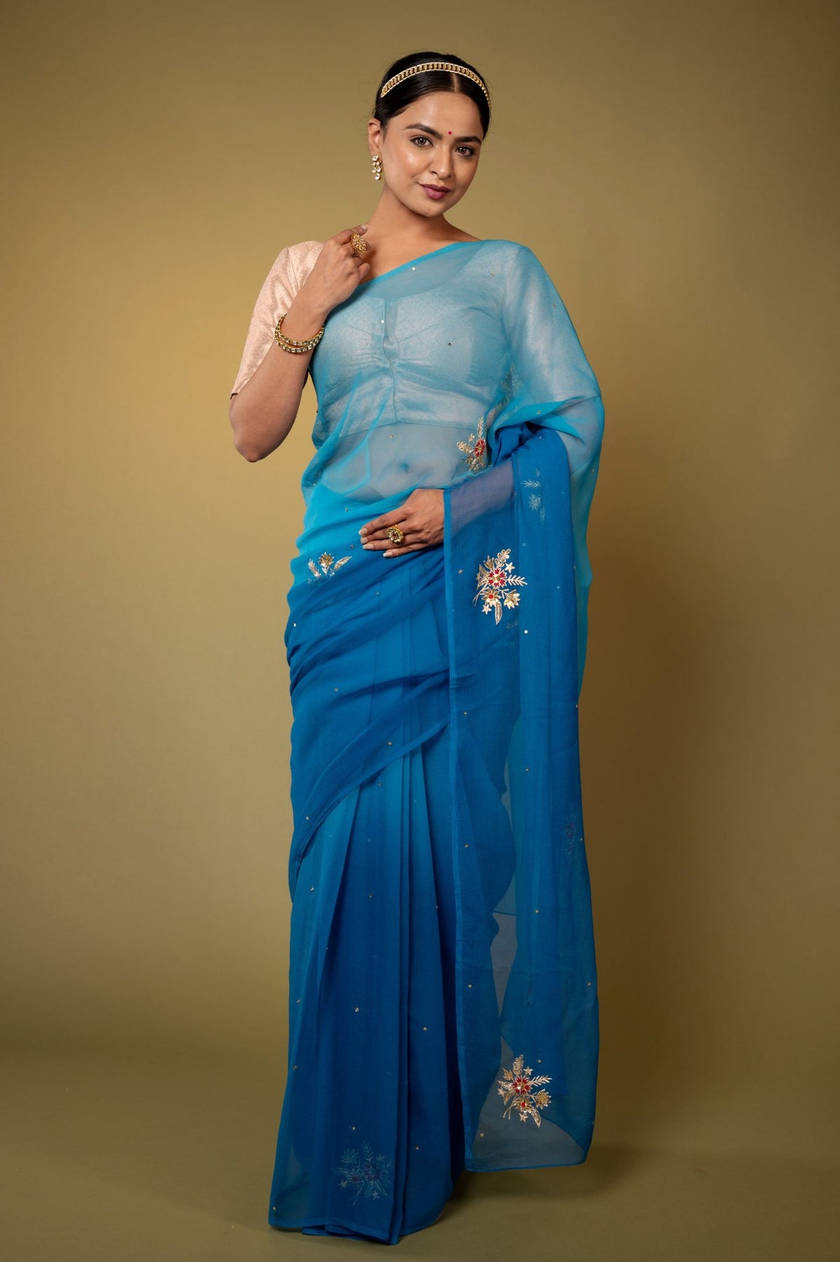 Blue Aari sequins Butta work viscose Chiffon Saree