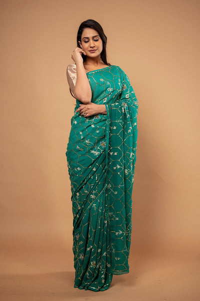 Pure Chiffon Aari Siquin Work Saree