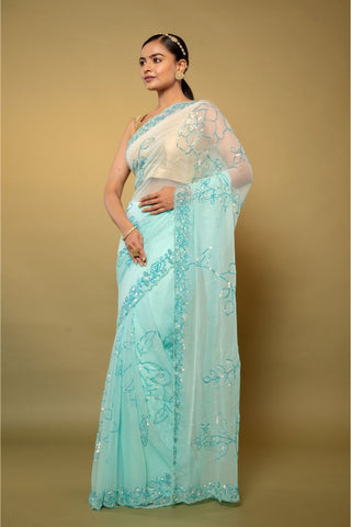 Aqua Blue Chiffon Saree