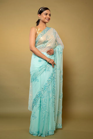 Aqua Blue Chiffon Saree