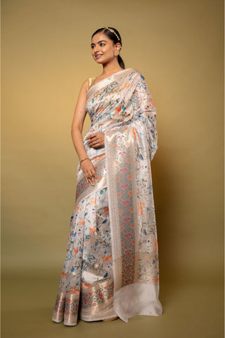 Grey Printed Silk Saree